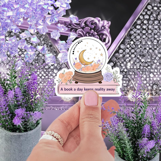 A Book a Day Keeps Reality Away Snow Globe Sticker - Mystical Floral Book Lover Decal