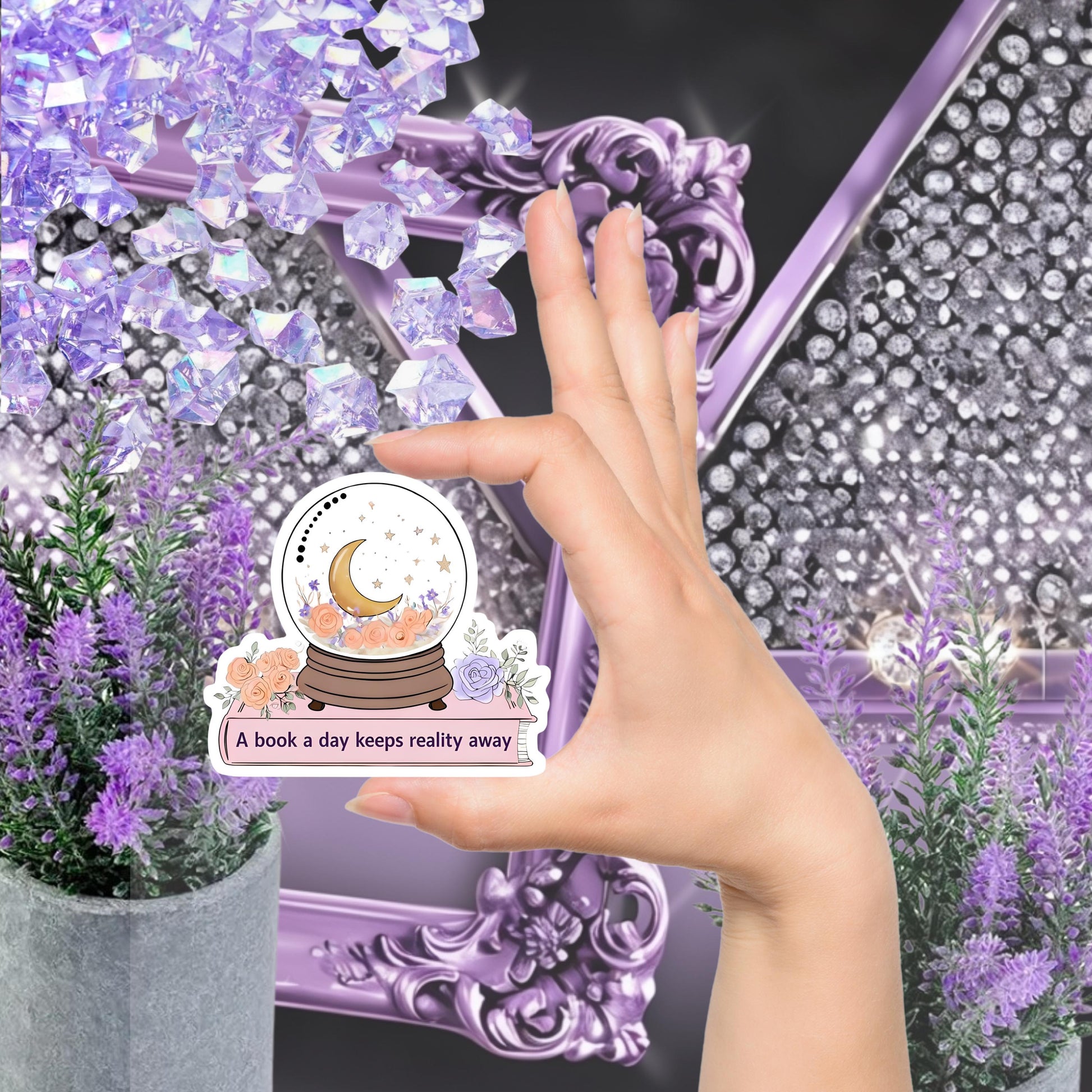 A Book a Day Keeps Reality Away Snow Globe Sticker - Mystical Floral Book Lover Decal