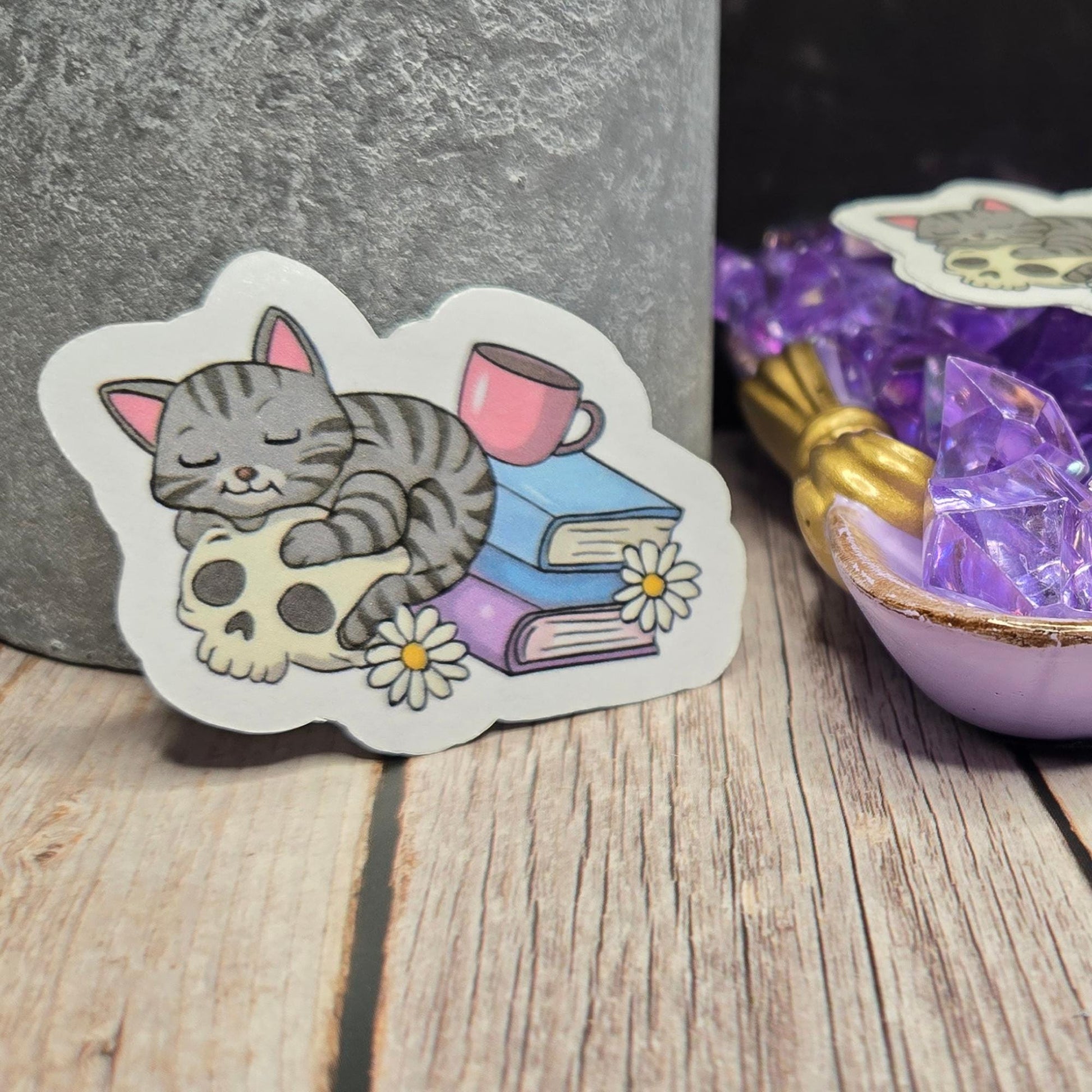 Cozy Goth Cat Sticker: Dark Academia, Skull & Books Decal