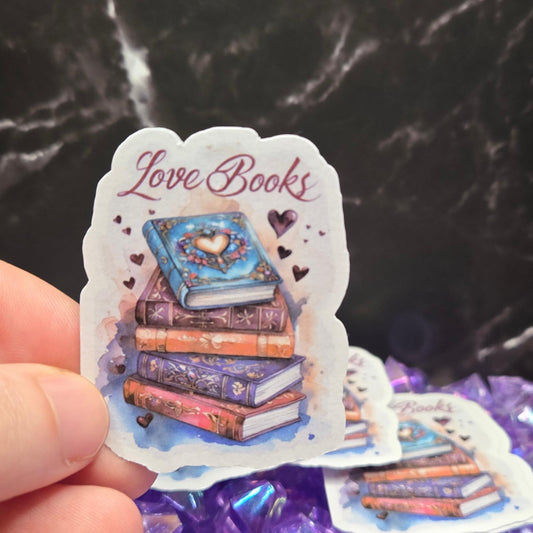Elegant "Love Books" Sticker - Ornate Stack of Books & Hearts Decal for Passionate Readers