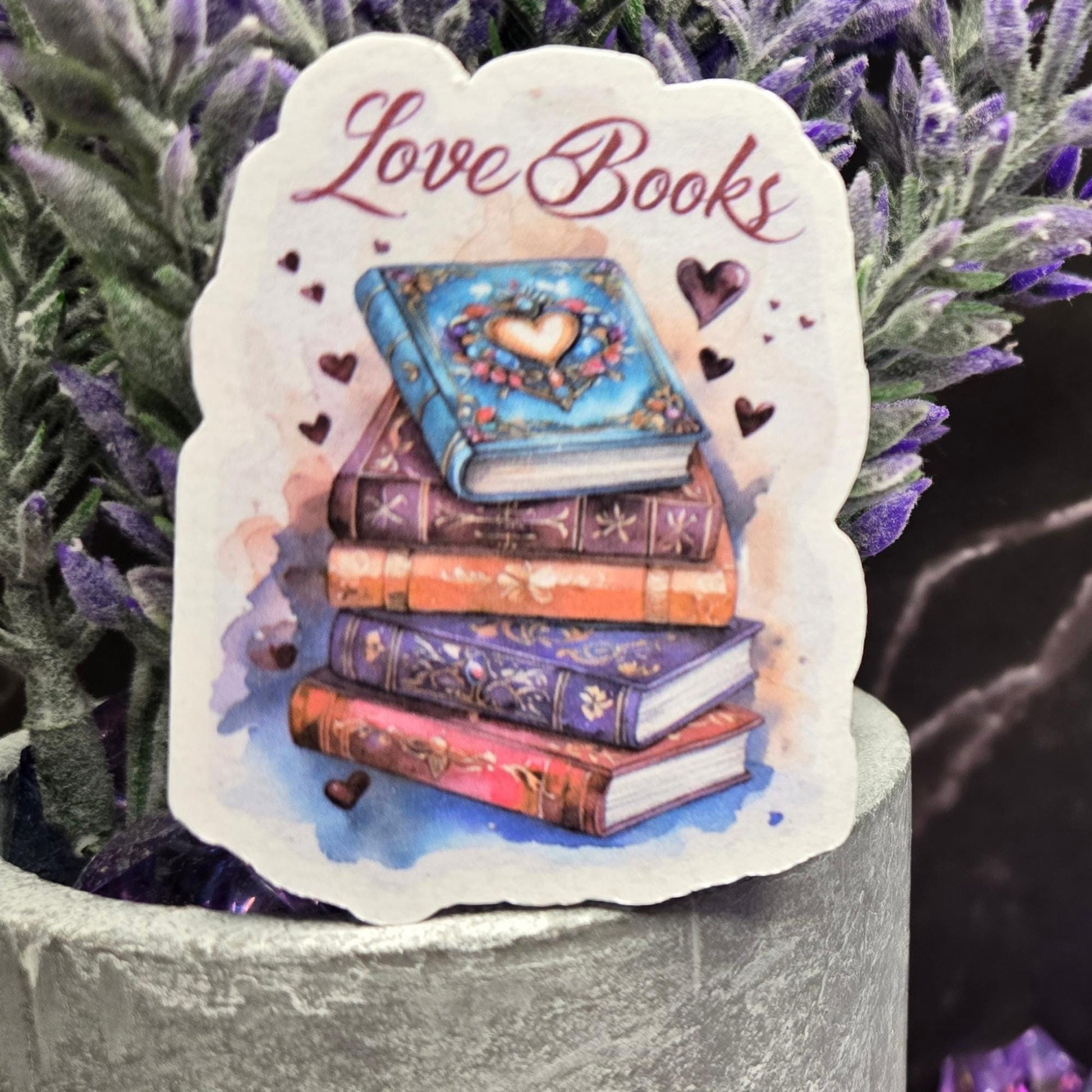 Elegant "Love Books" Sticker - Ornate Stack of Books & Hearts Decal for Passionate Readers