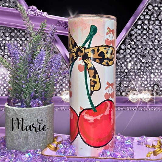 Watercolor Coquette Cherries 20oz Tumbler - Insulated Stainless Steel - Leopard Print Bow