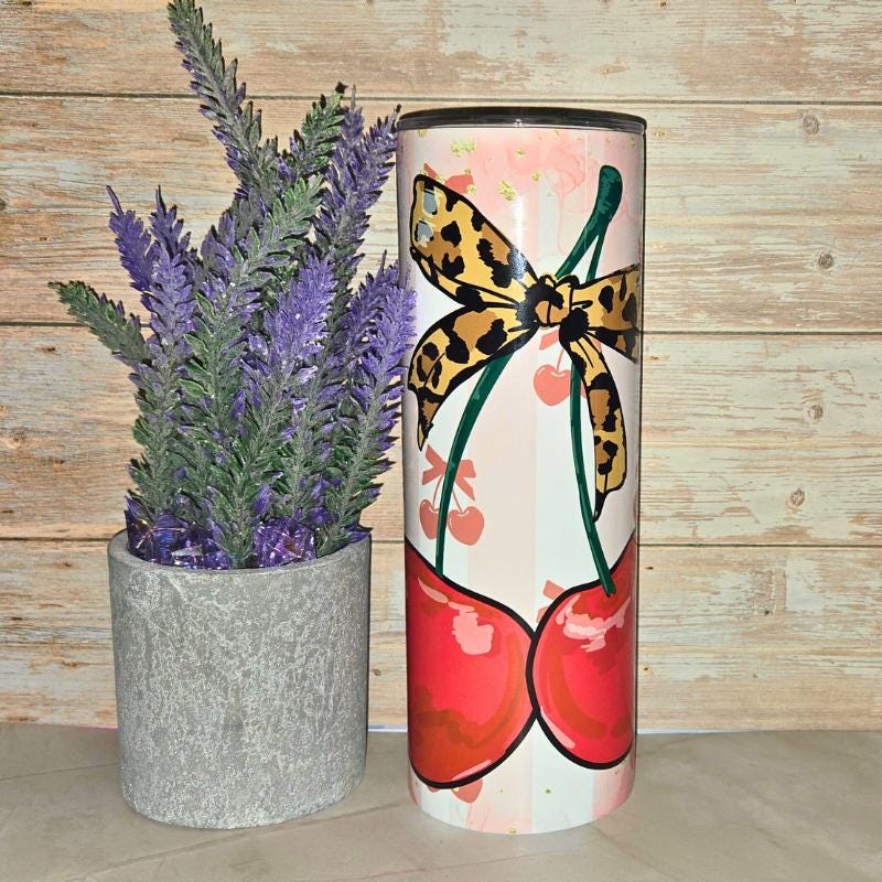 Watercolor Coquette Cherries 20oz Tumbler - Insulated Stainless Steel - Leopard Print Bow