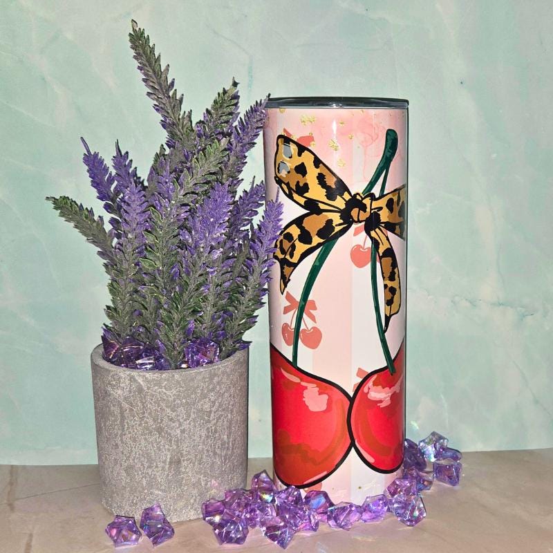 Watercolor Coquette Cherries 20oz Tumbler - Insulated Stainless Steel - Leopard Print Bow