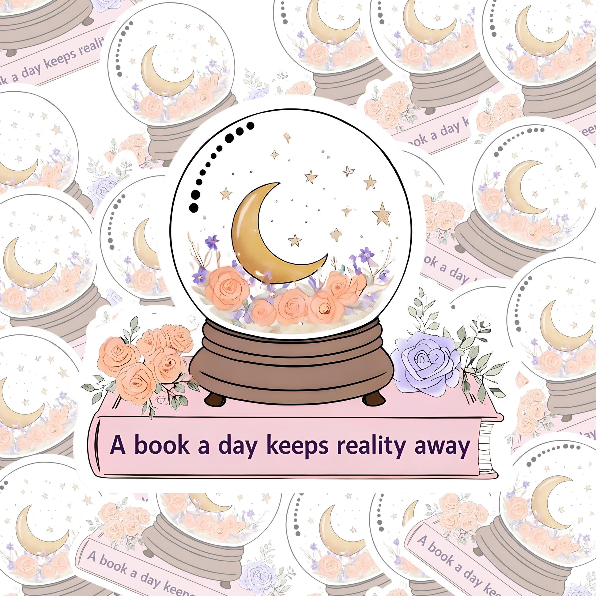 A Book a Day Keeps Reality Away Snow Globe Sticker - Mystical Floral Book Lover Decal
