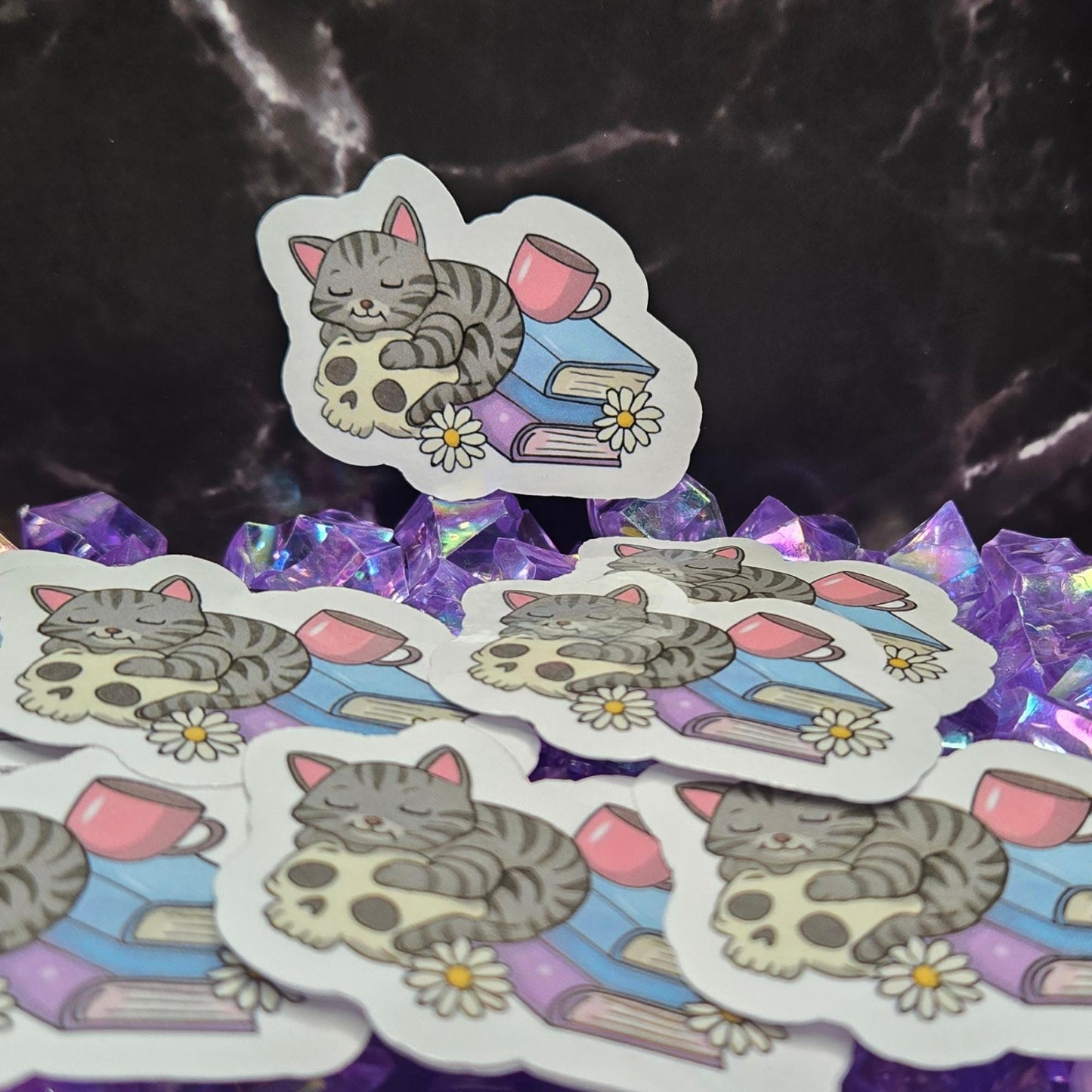 Cozy Goth Cat Sticker: Dark Academia, Skull & Books Decal