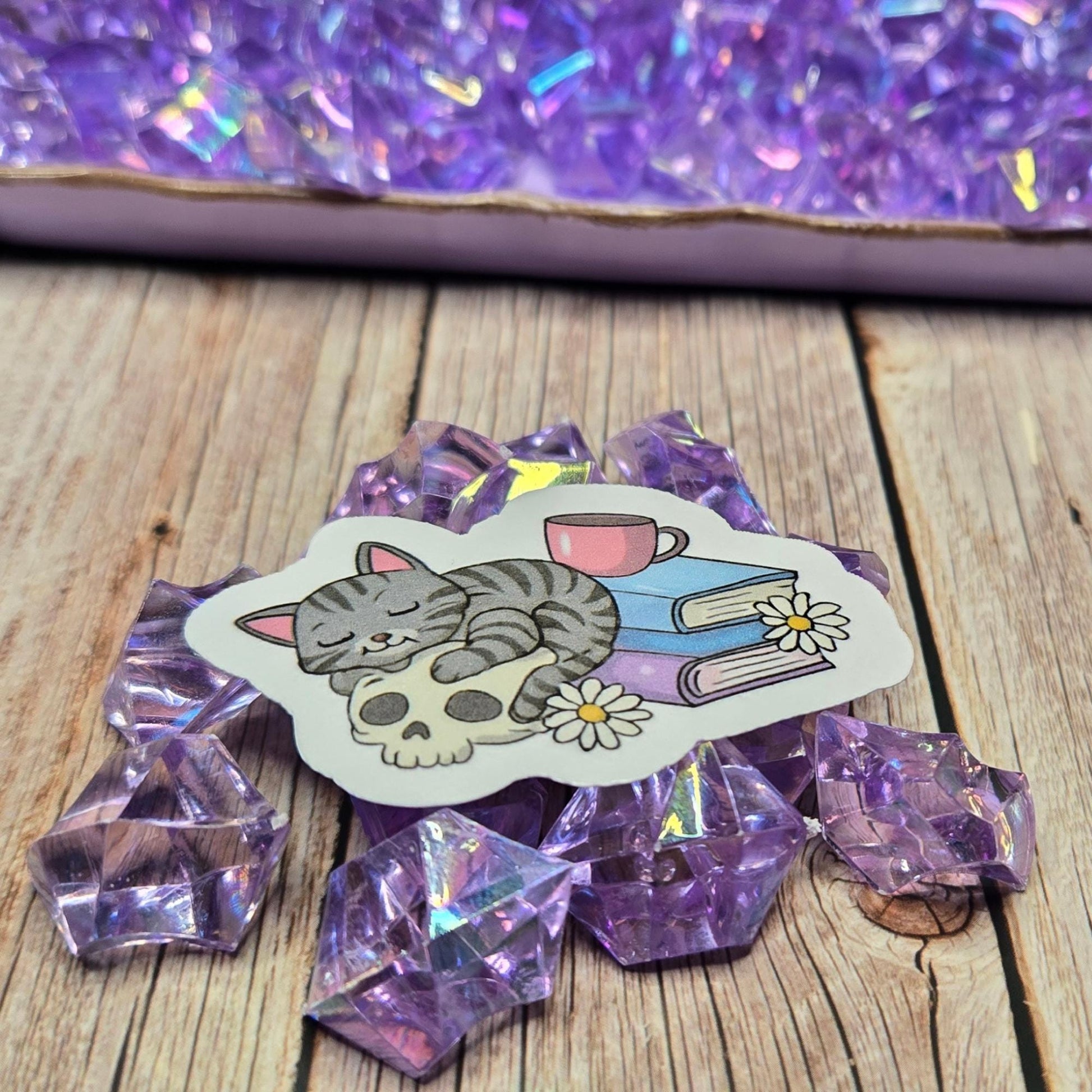 Cozy Goth Cat Sticker: Dark Academia, Skull & Books Decal
