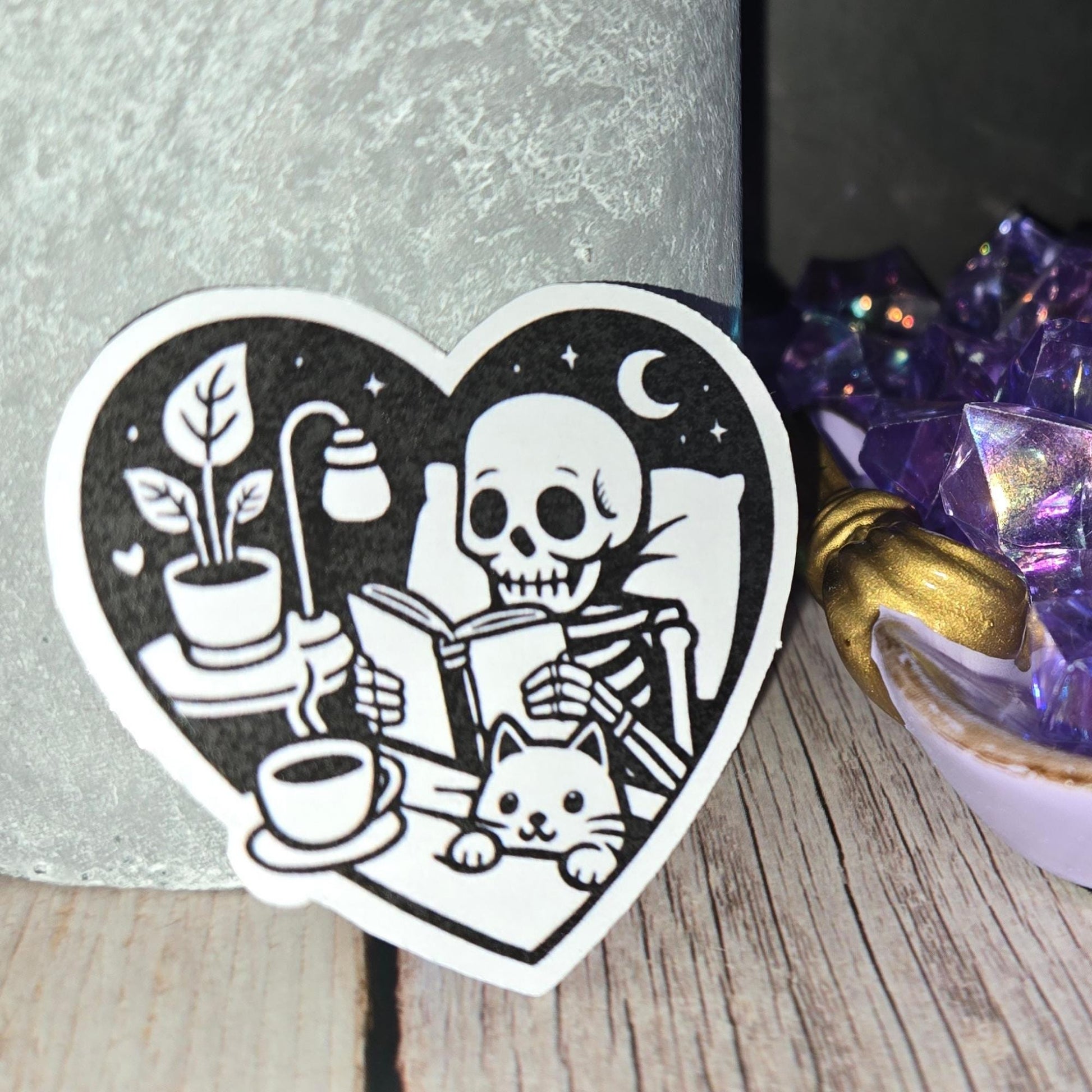 Cozy Skeleton Reading Sticker - Spooky Book Lover & Cat Friend Decal - Gothic Comfort Scene