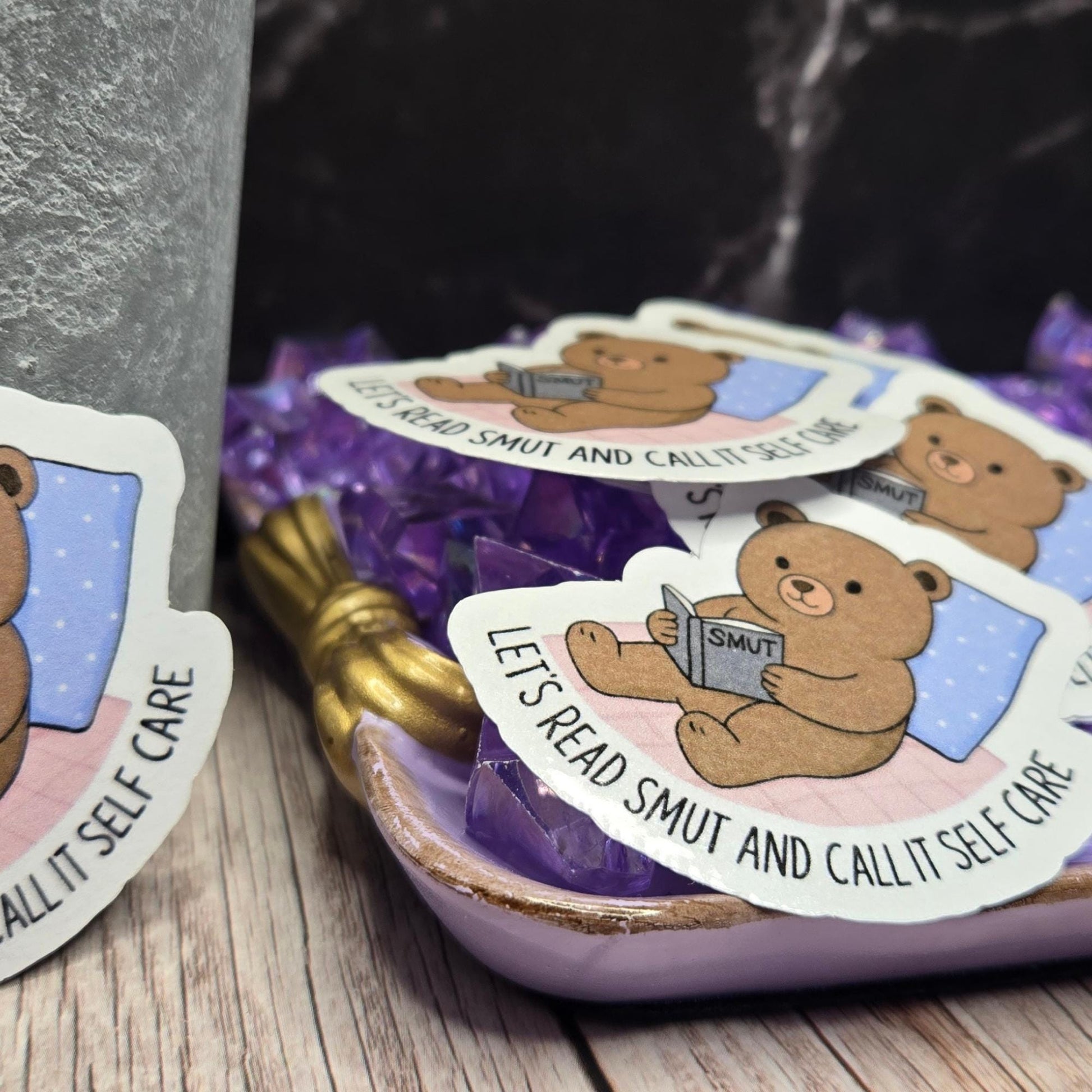 Reading Bear Sticker: "Let's Read Smut and Call It Self Care" Humorous Decal