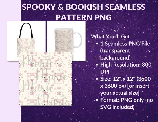Spooky Bookish Seamless PNG Pattern, Halloween Ghost Reading Cozy Book Lover Digital Download for Sublimation Mugs Tumblers Shirts