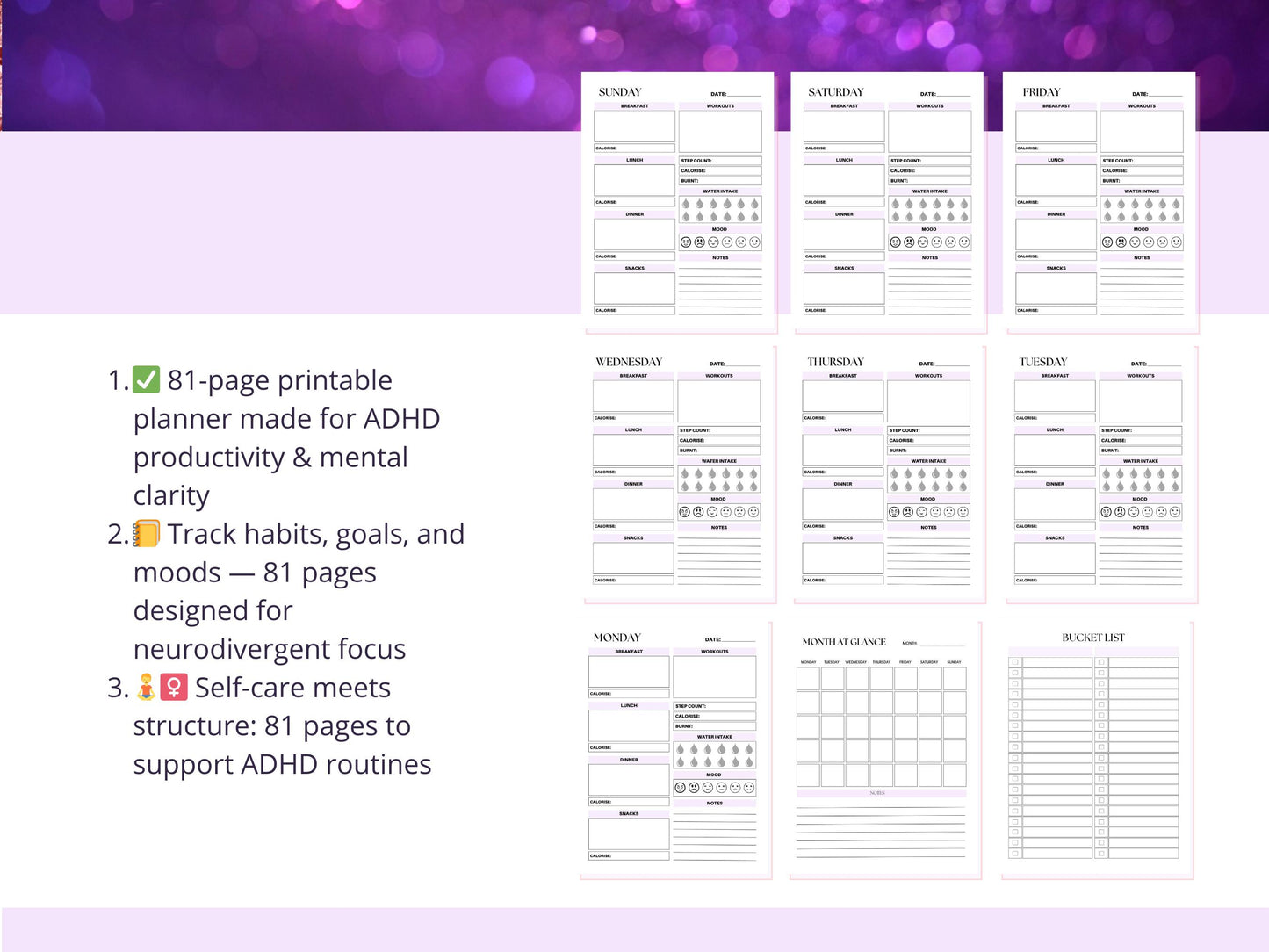 2026 ADHD Digital Planner Printable | Focused Productivity Journal with Monthly Weekly Daily Layouts for Adults & Teens
