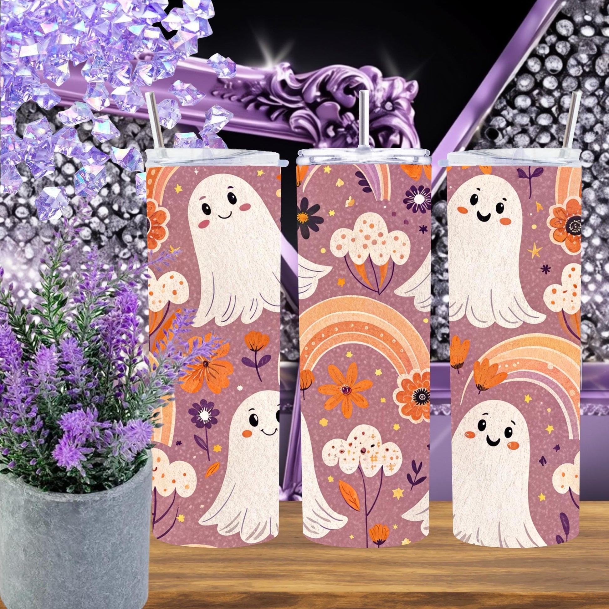 Ghost Rainbow Tumbler – 20oz Skinny Spooky Cute Cup – Pastel Halloween Mug, Kawaii Ghost Gift, Rainbow Fall Aesthetic Drinkware