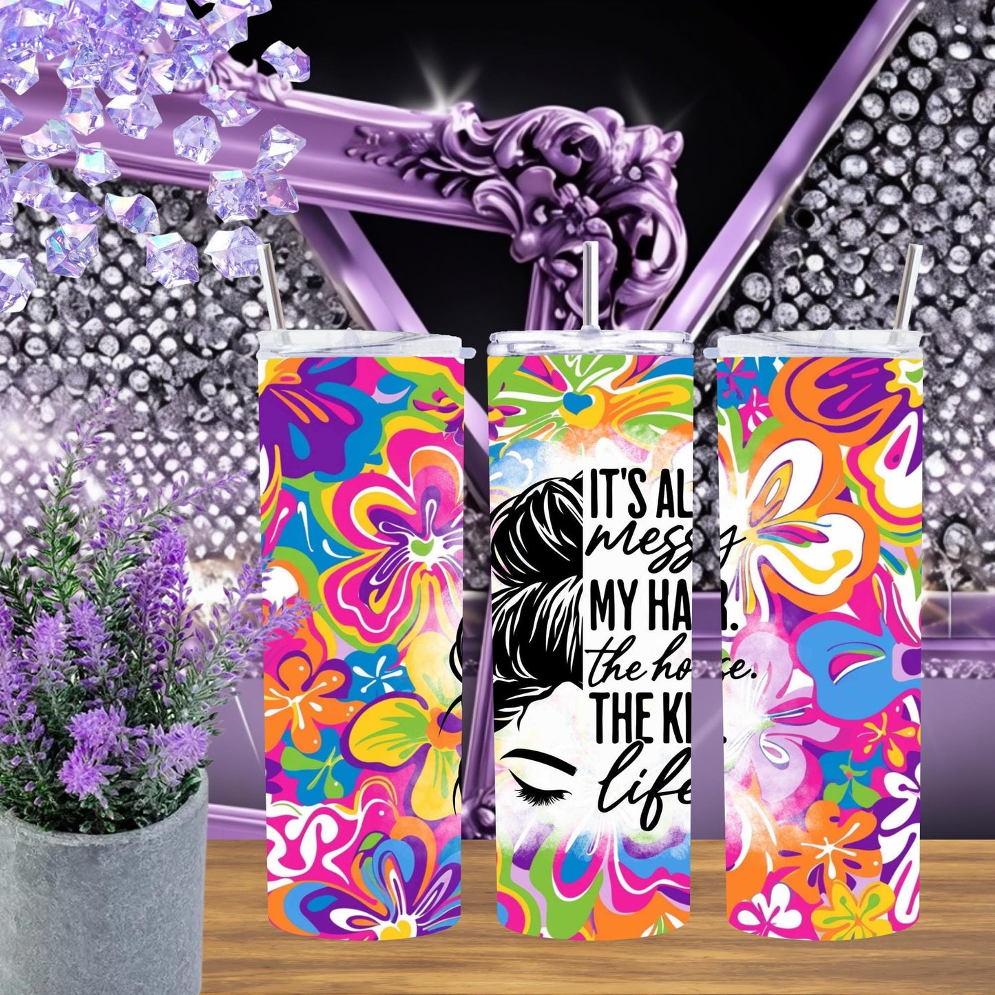 Messy Bun Floral Tumbler – 20oz Stainless Steel Cup – Mom Life Gift, Bold Woman Mug, Teacher Coffee Cup, Floral Hair Girl Tumbler