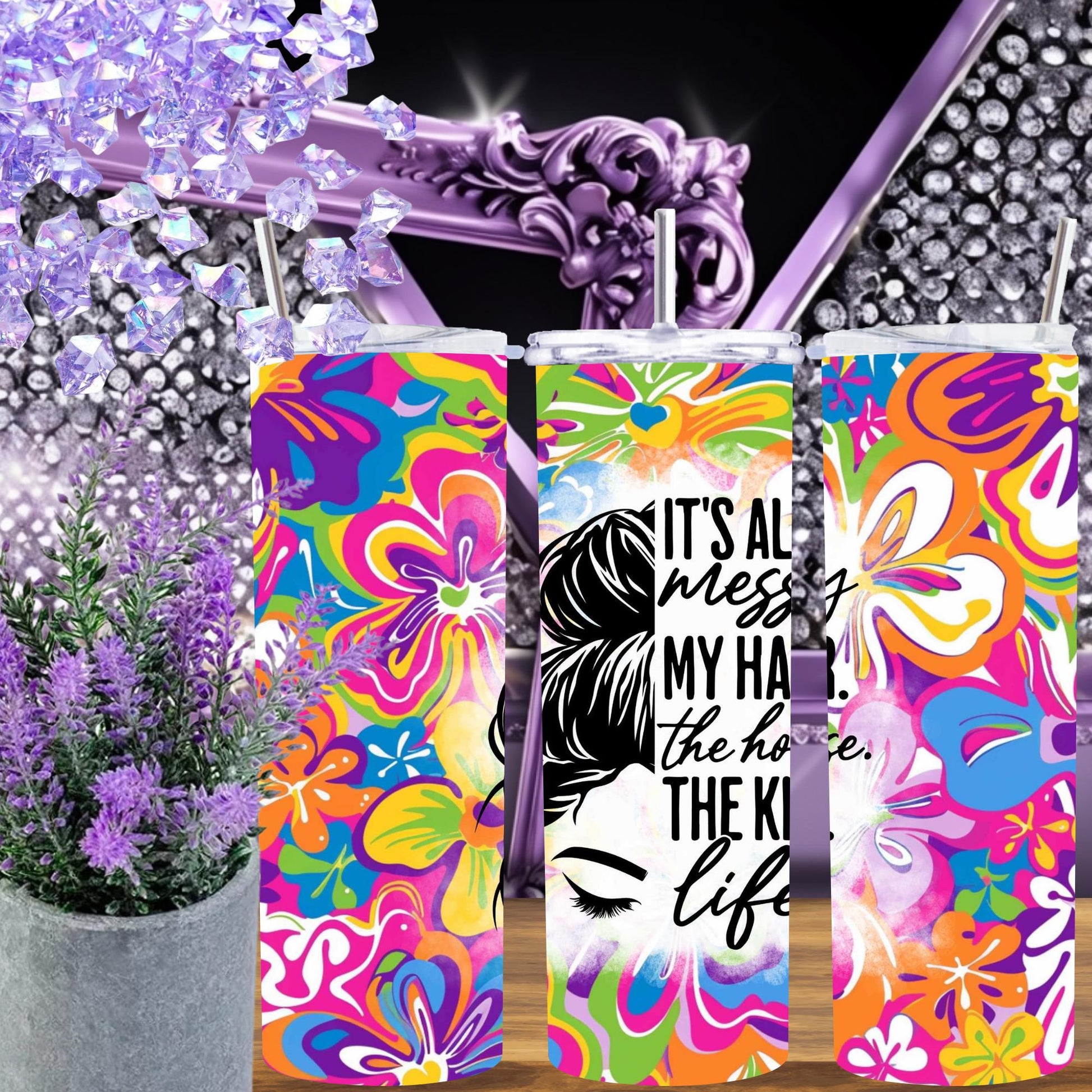 Messy Bun Floral Tumbler – 20oz Stainless Steel Cup – Mom Life Gift, Bold Woman Mug, Teacher Coffee Cup, Floral Hair Girl Tumbler