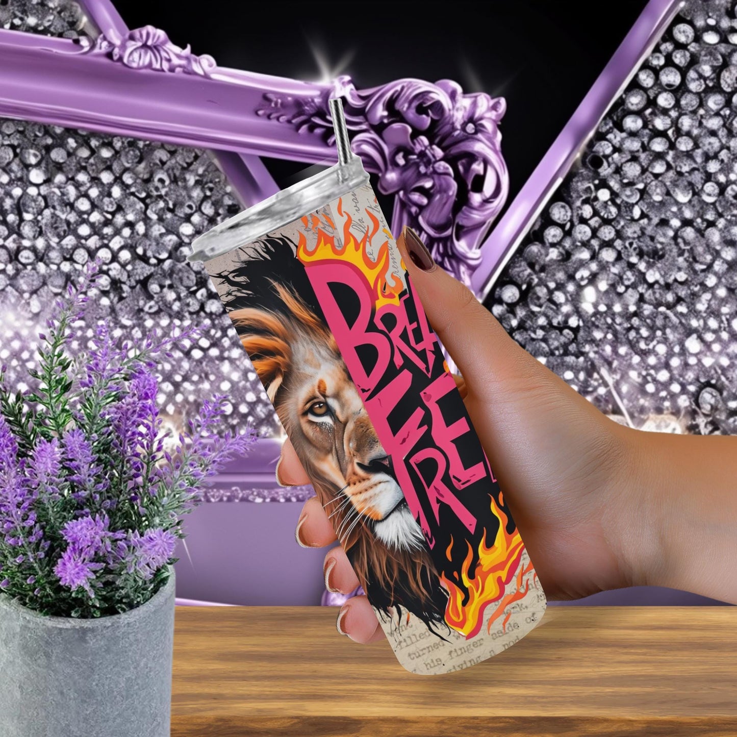Fierce Lion Brave Flames Tumbler 20 oz - Unique Inspirational Wildlife Cup for Daily Use