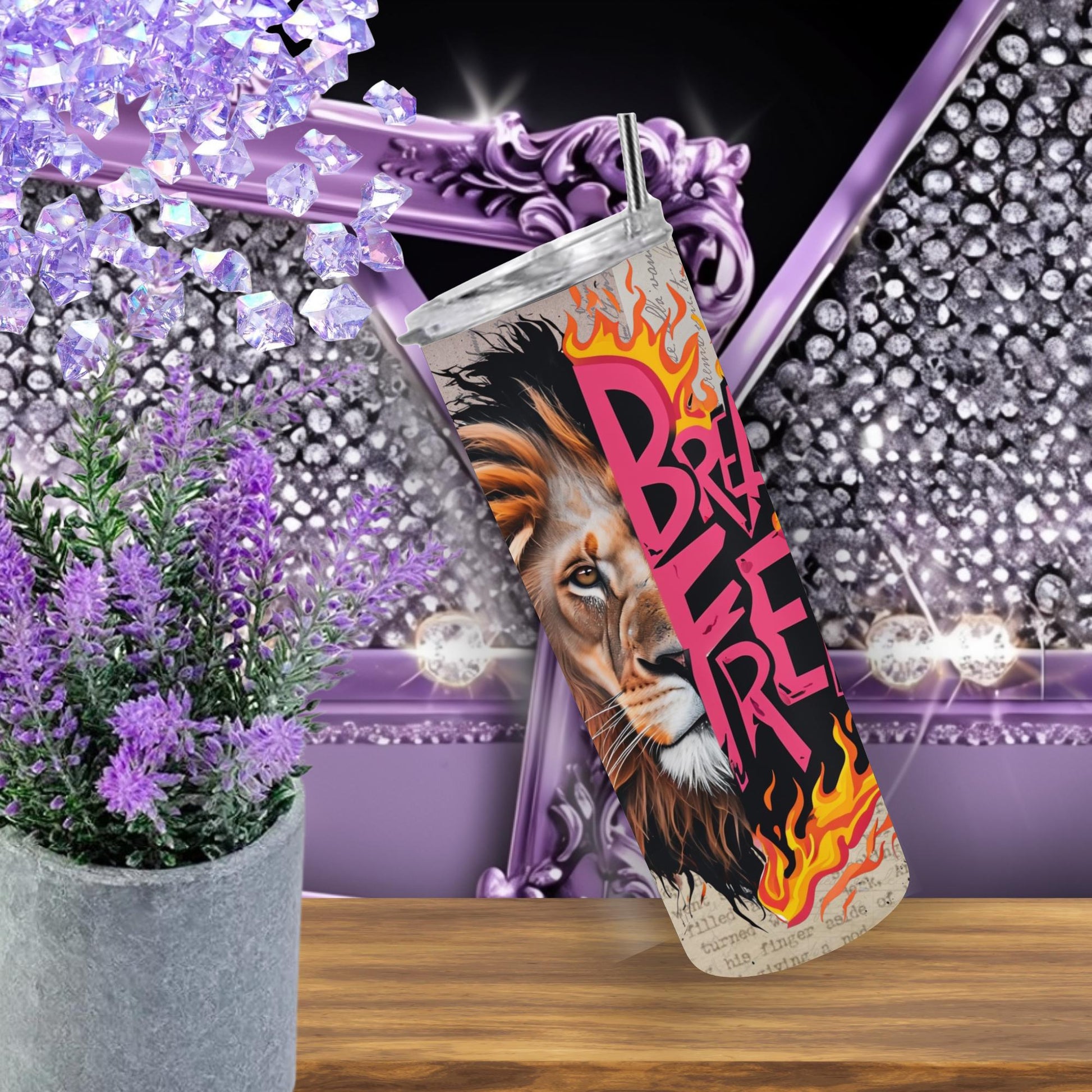 Fierce Lion Brave Flames Tumbler 20 oz - Unique Inspirational Wildlife Cup for Daily Use