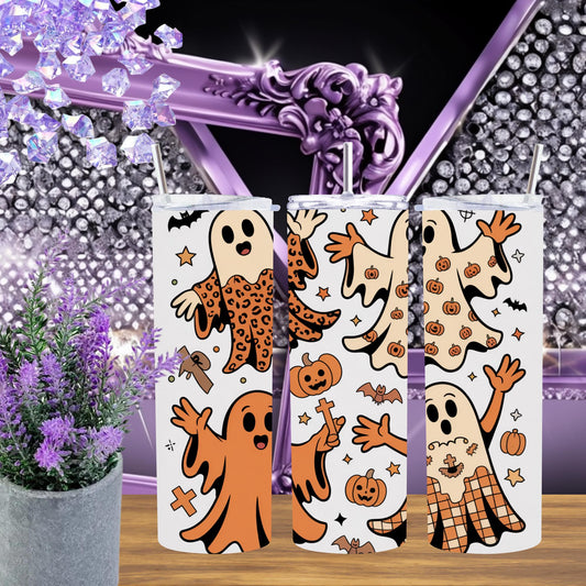 Retro Halloween Ghost Tumbler – 20oz Skinny Spooky Cup – Cute Groovy Ghost Mug, Fall Aesthetic Drinkware, Pastel Halloween Gift