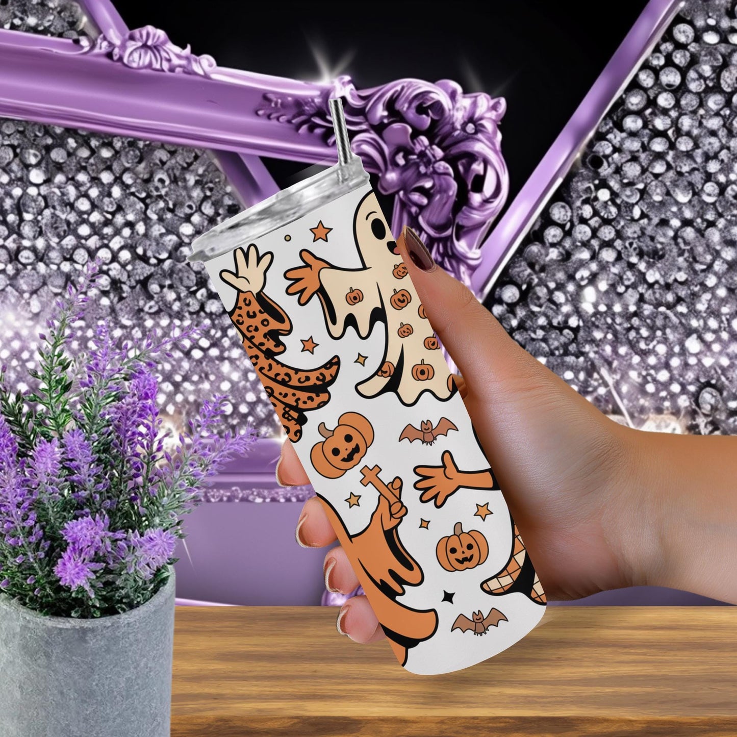 Retro Halloween Ghost Tumbler – 20oz Skinny Spooky Cup – Cute Groovy Ghost Mug, Fall Aesthetic Drinkware, Pastel Halloween Gift