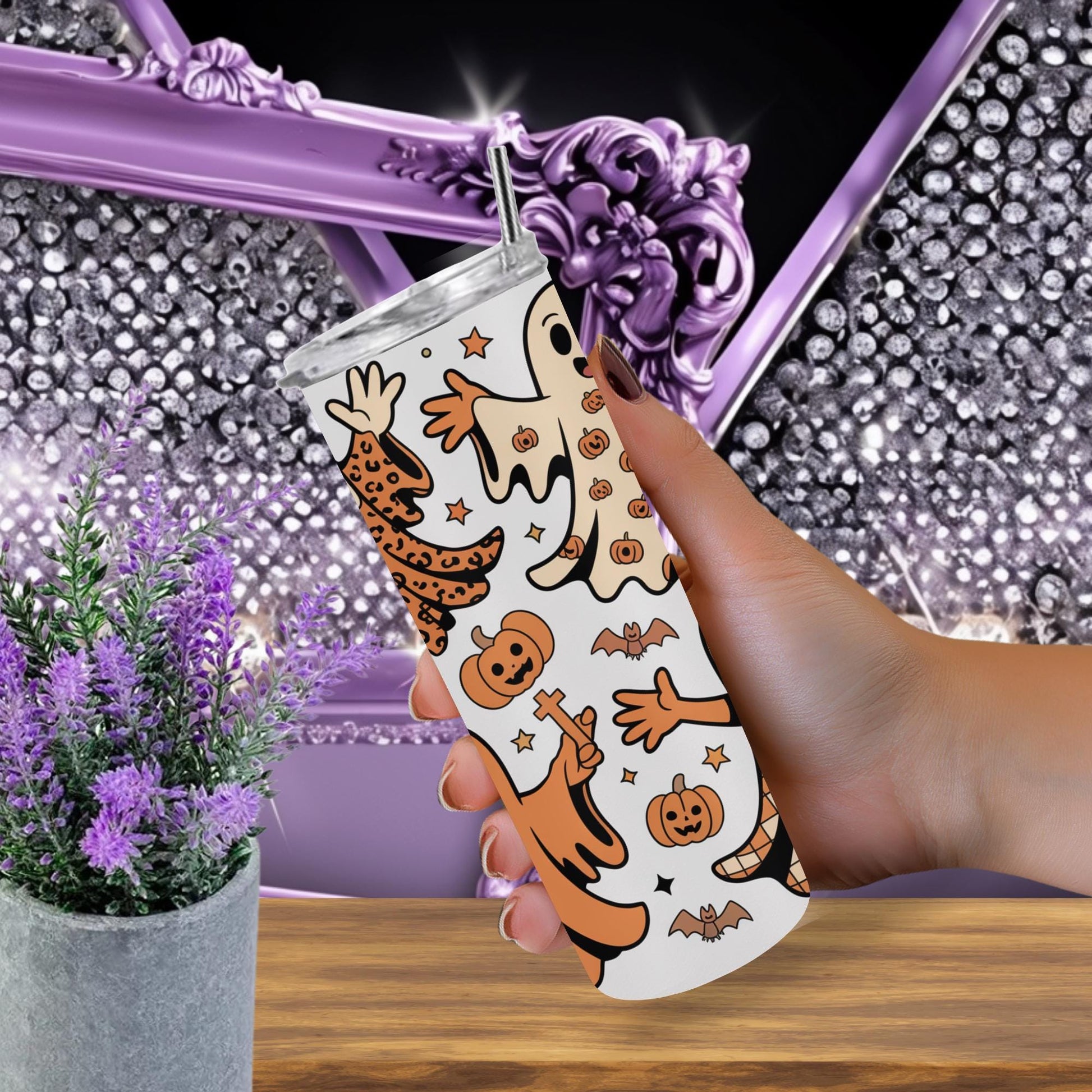 Retro Halloween Ghost Tumbler – 20oz Skinny Spooky Cup – Cute Groovy Ghost Mug, Fall Aesthetic Drinkware, Pastel Halloween Gift