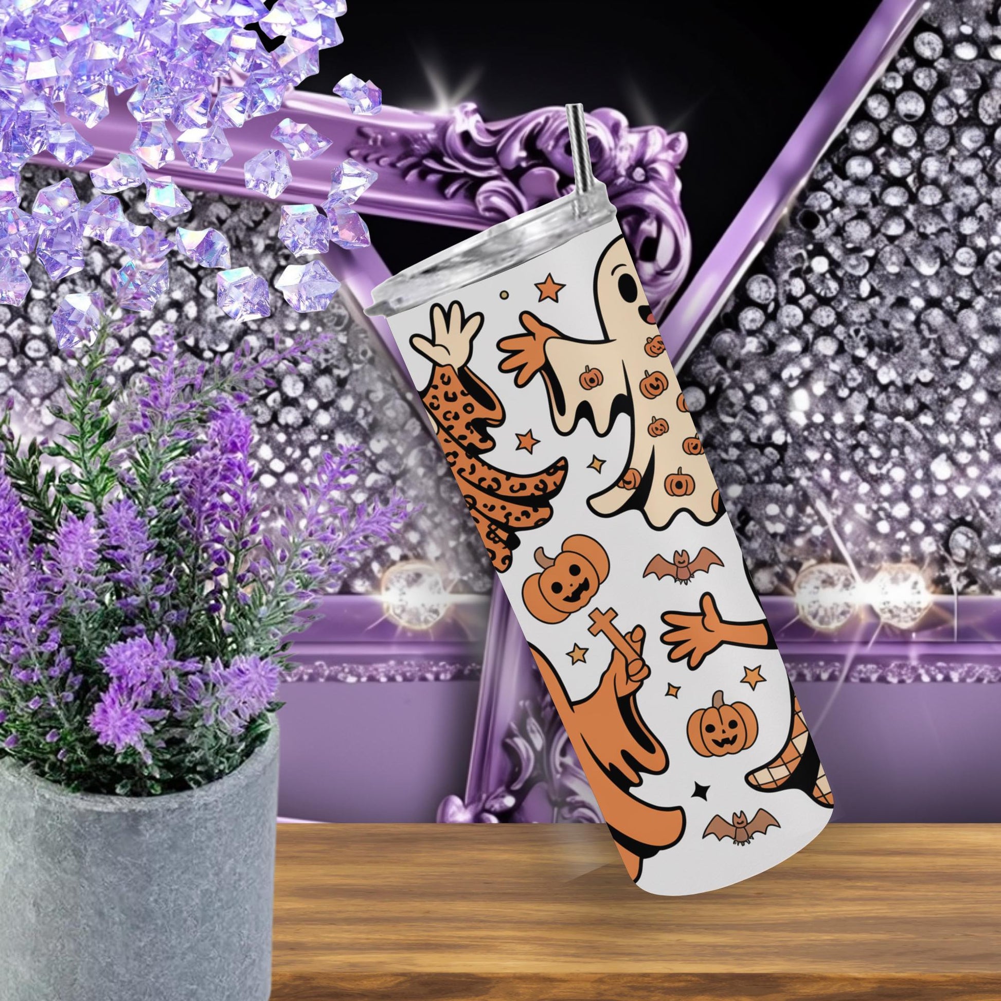 Retro Halloween Ghost Tumbler – 20oz Skinny Spooky Cup – Cute Groovy Ghost Mug, Fall Aesthetic Drinkware, Pastel Halloween Gift