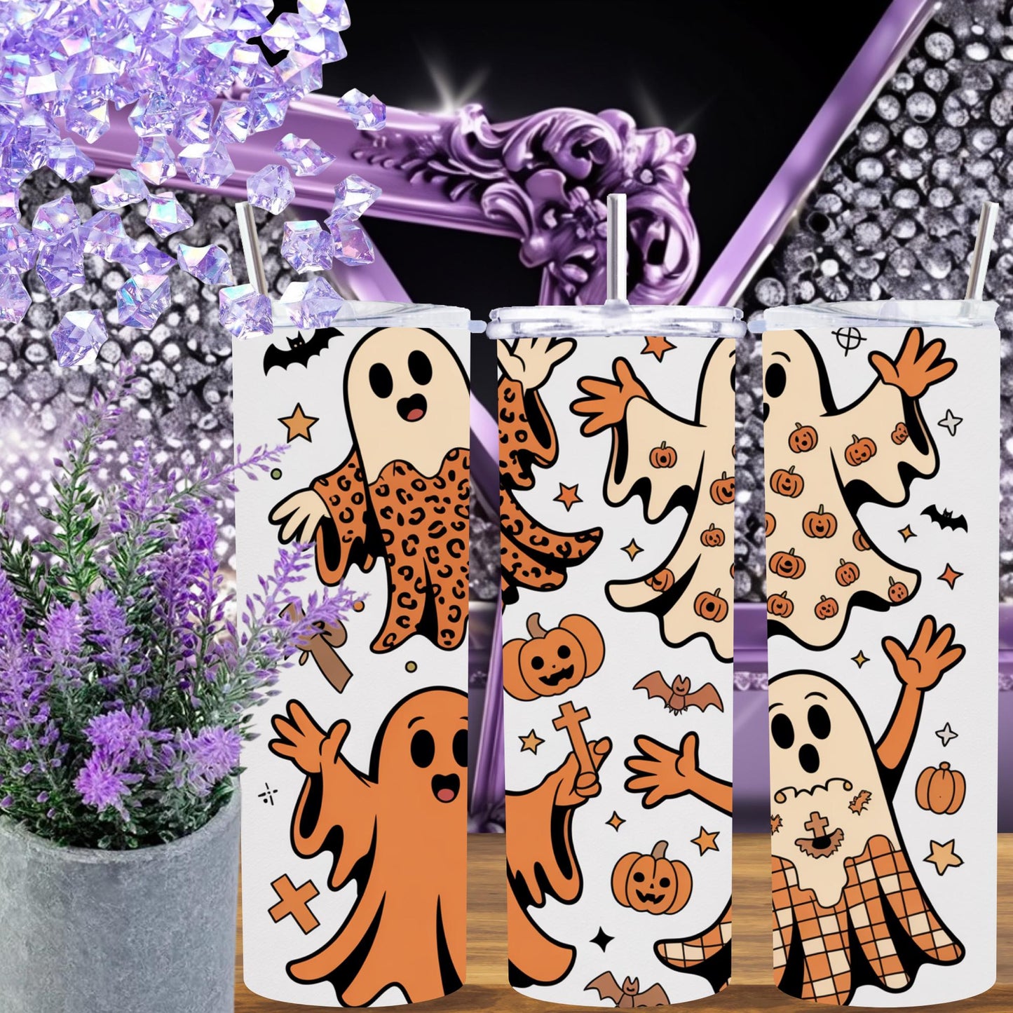 Retro Halloween Ghost Tumbler – 20oz Skinny Spooky Cup – Cute Groovy Ghost Mug, Fall Aesthetic Drinkware, Pastel Halloween Gift