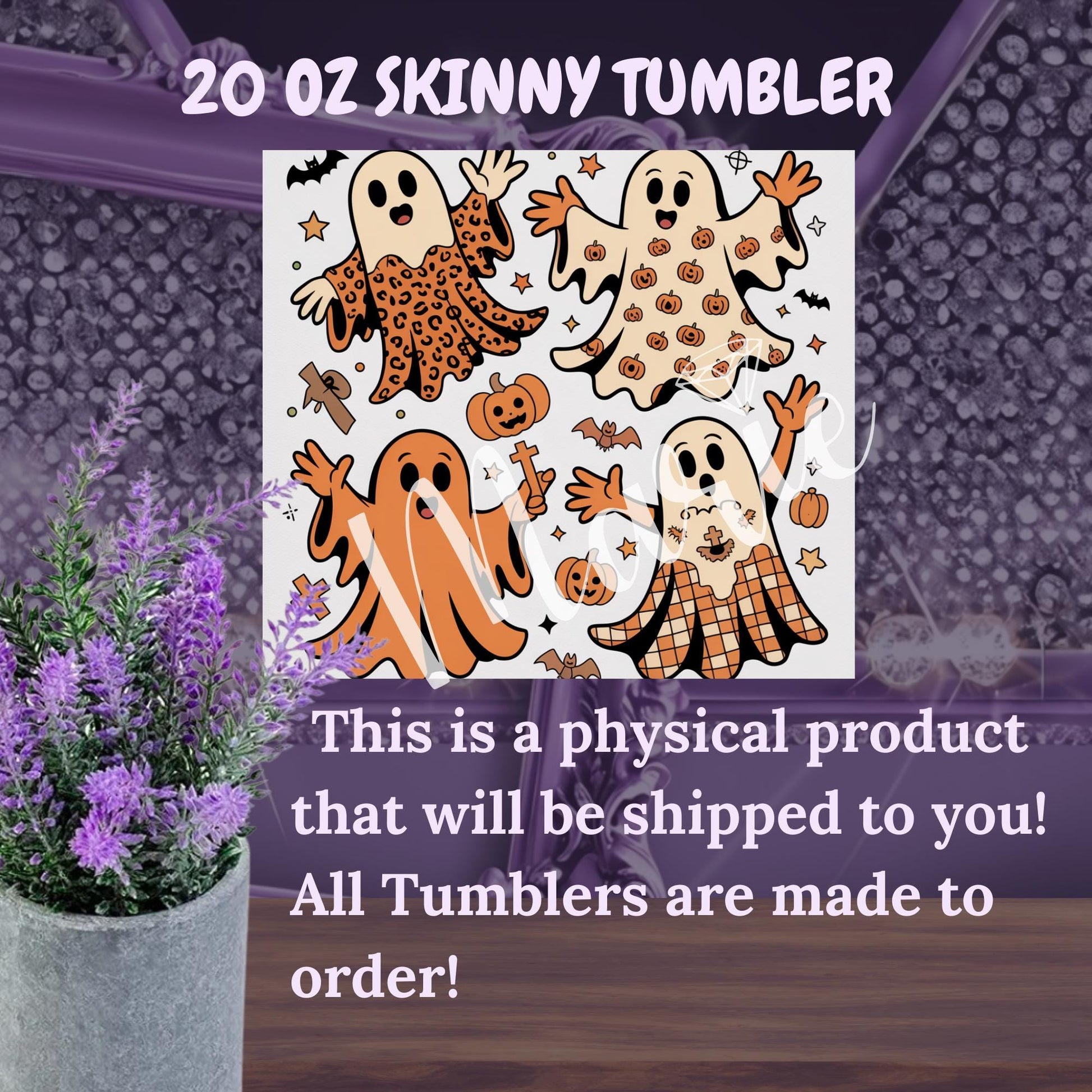 Retro Halloween Ghost Tumbler – 20oz Skinny Spooky Cup – Cute Groovy Ghost Mug, Fall Aesthetic Drinkware, Pastel Halloween Gift