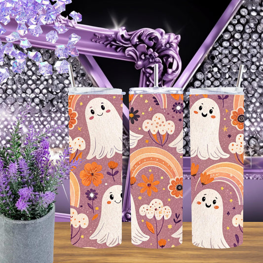 Cute Ghost Rainbow Tumbler – 20oz Skinny Pastel Halloween Mug – Spooky Cute Cup, Kawaii Ghost Gift, Rainbow Fall Aesthetic Tumbler
