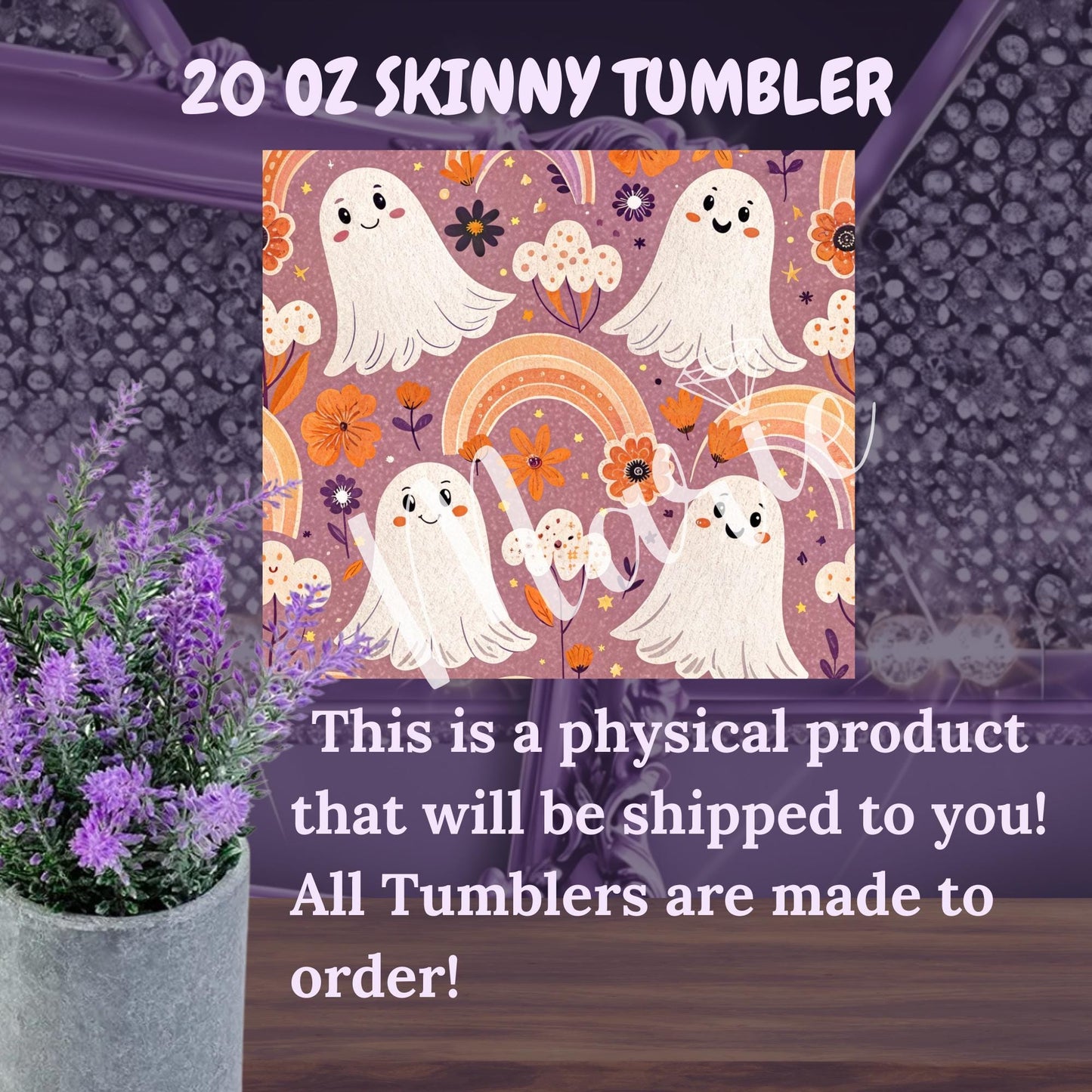 Cute Ghost Rainbow Tumbler – 20oz Skinny Pastel Halloween Mug – Spooky Cute Cup, Kawaii Ghost Gift, Rainbow Fall Aesthetic Tumbler