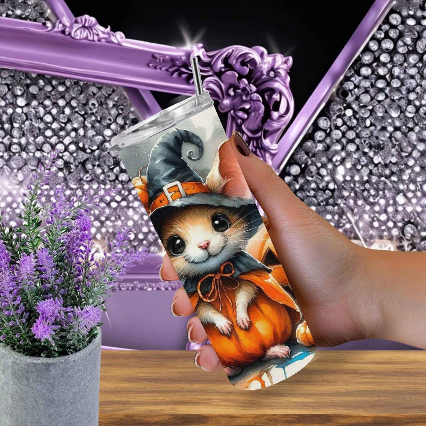 Adorable Halloween Mouse Tumbler – Insulated 20oz Skinny Cup with Pumpkin & Bat Motifs