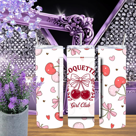 Coquette Girl Club 20oz Tumbler - Cherry & Bow Design - Insulated Stainless Steel