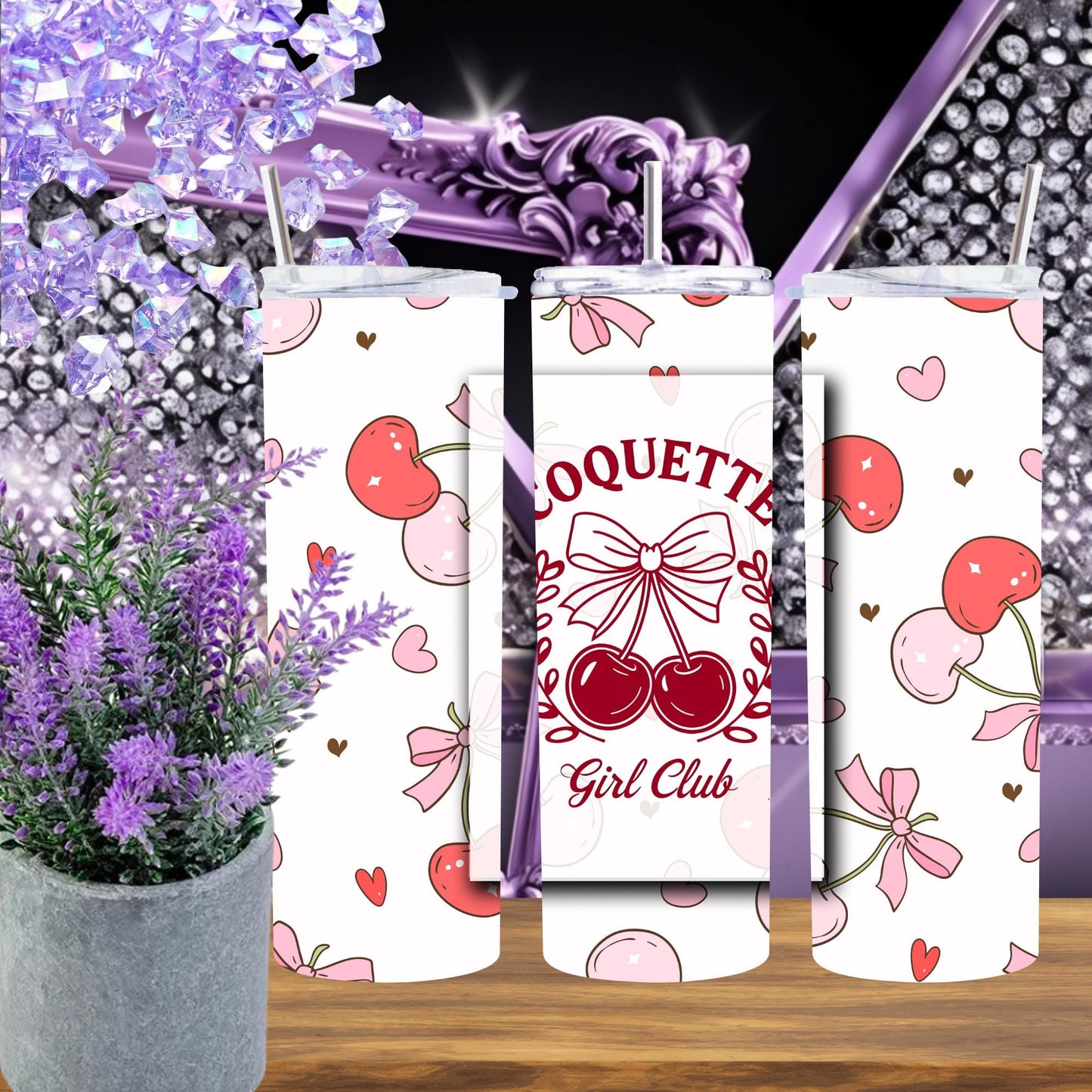 Coquette Girl Club 20oz Tumbler - Cherry & Bow Design - Insulated Stainless Steel