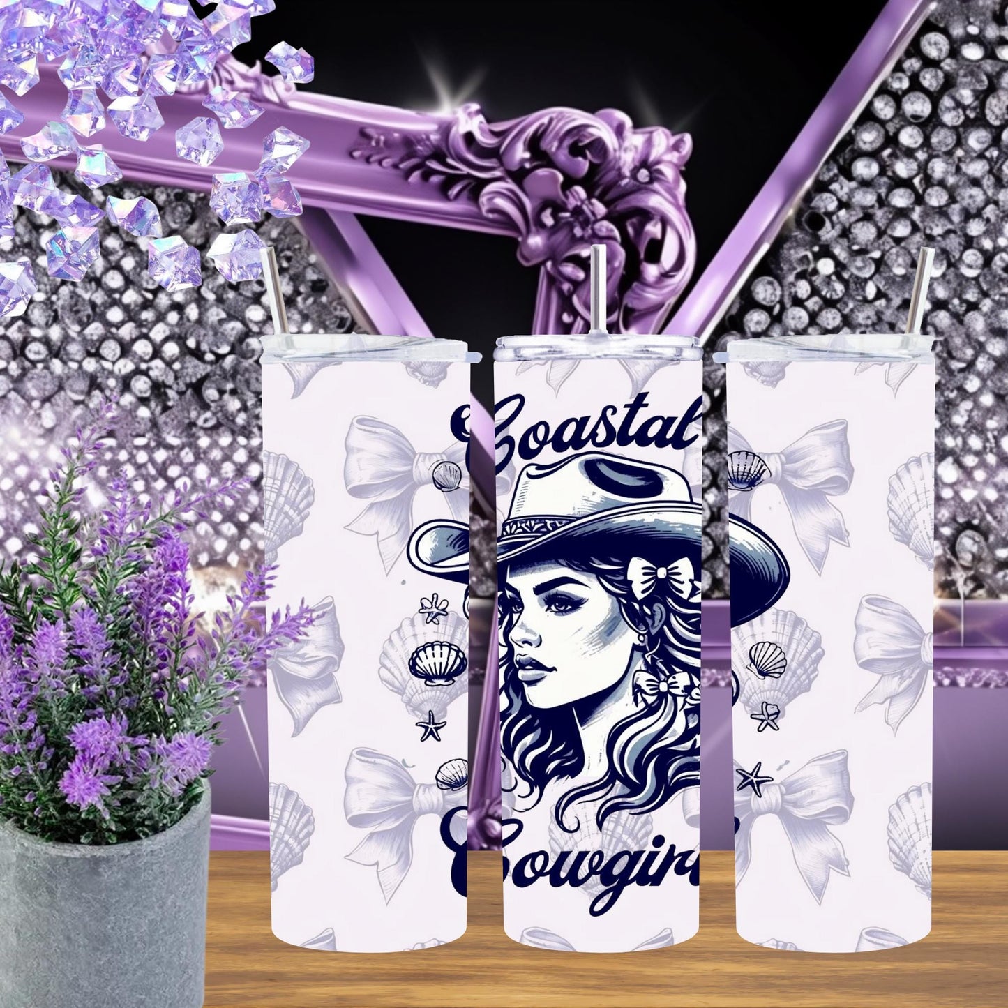 Coastal Cowgirl Tumbler 20 oz - Beachy Western Style Cup with Seashells and Bows