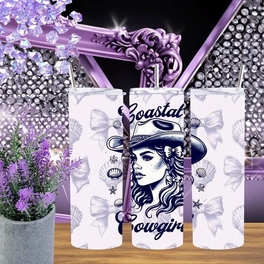 Coastal Cowgirl Tumbler 20 oz - Beachy Western Style Cup with Seashells and Bows