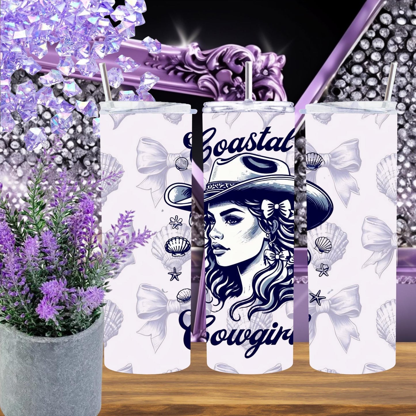 Coastal Cowgirl Tumbler 20 oz - Beachy Western Style Cup with Seashells and Bows