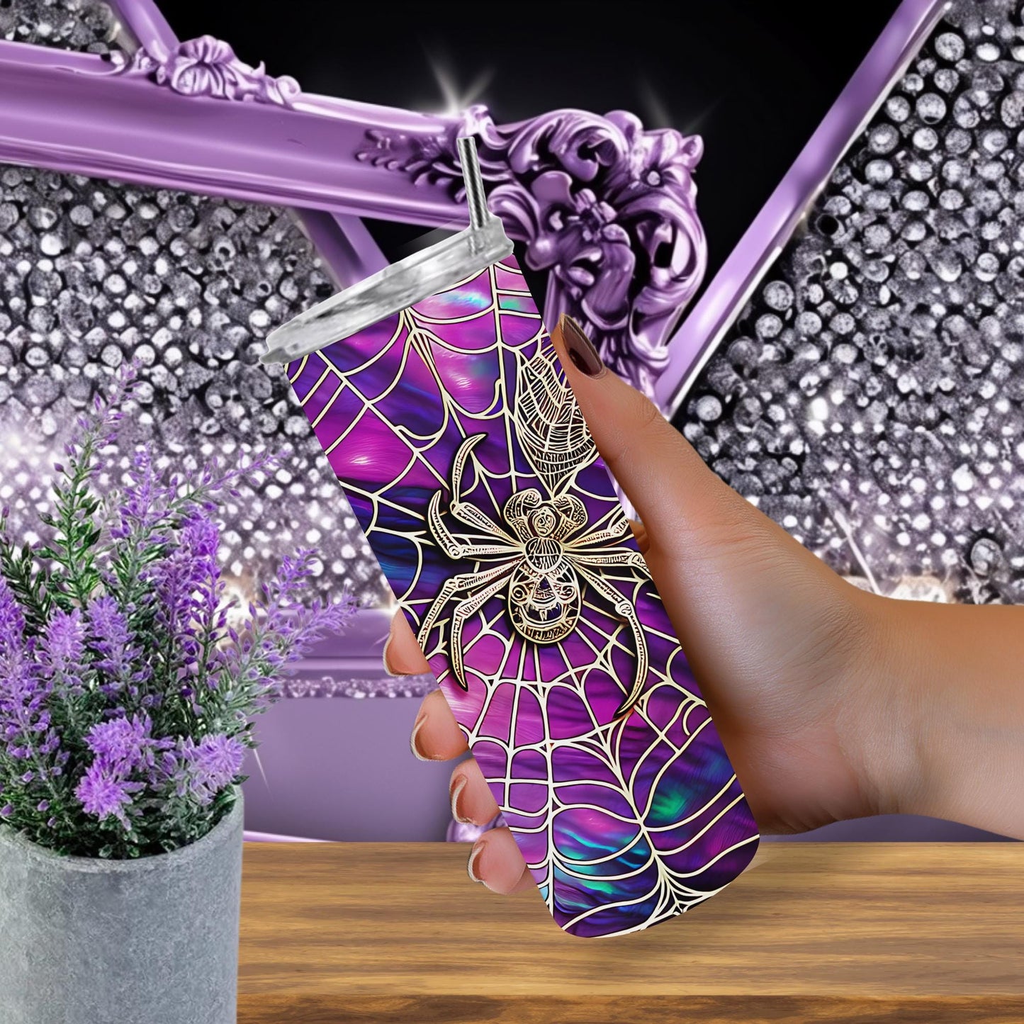 Purple Spiderweb Tumbler with Gothic Spider Design – 20 oz Skinny Tumbler with Lid & Straw, Glitter Gothic Cup, Halloween Aesthetic Gift