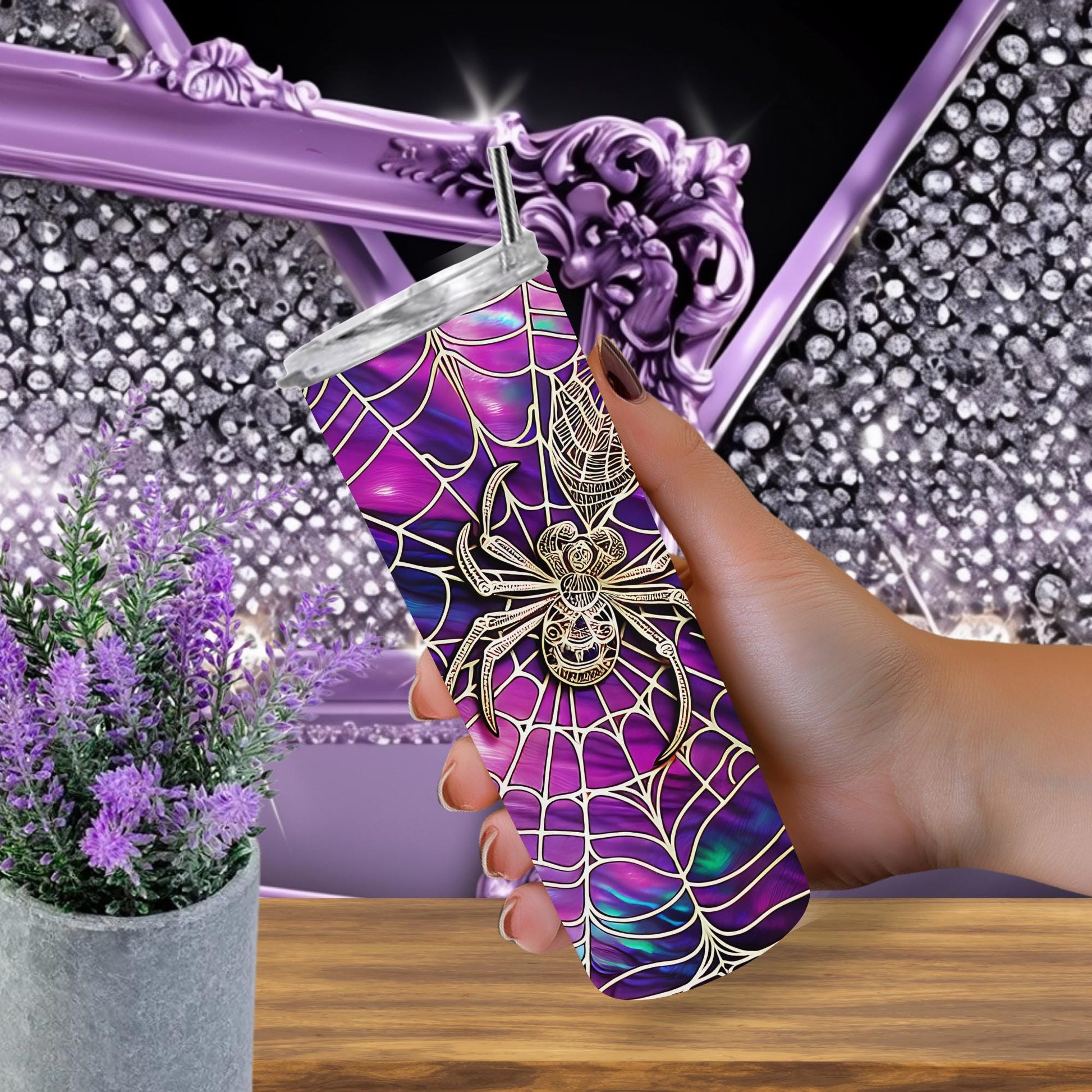 Purple Spiderweb Tumbler with Gothic Spider Design – 20 oz Skinny Tumbler with Lid & Straw, Glitter Gothic Cup, Halloween Aesthetic Gift