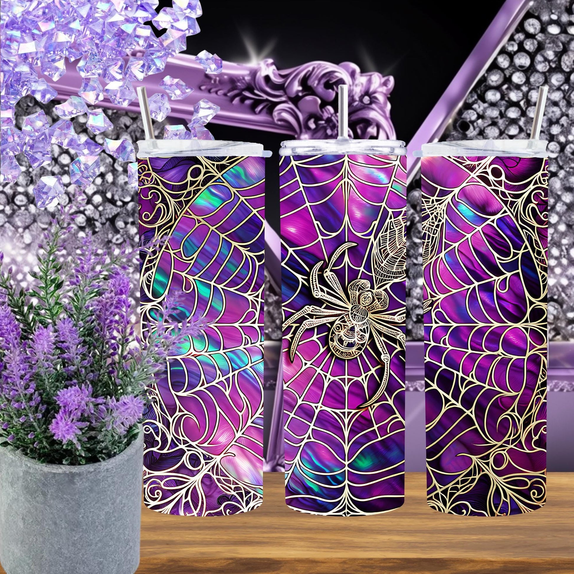 Purple Spiderweb Tumbler with Gothic Spider Design – 20 oz Skinny Tumbler with Lid & Straw, Glitter Gothic Cup, Halloween Aesthetic Gift