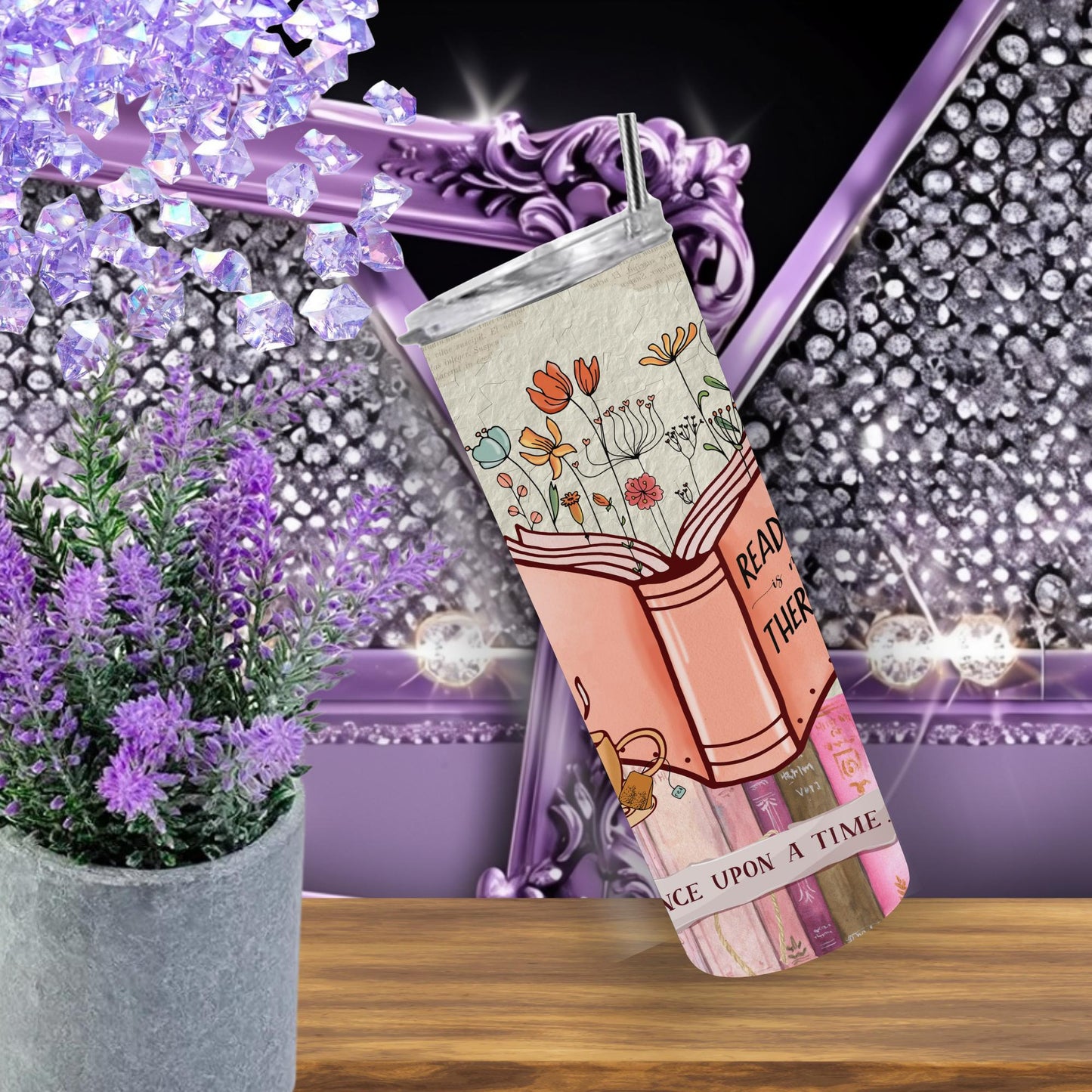Book Lover Tumbler – 20 oz Skinny Tumbler with Floral Book Art, “Reading is Therapy” Design, Cozy Cottagecore Coffee Cup Gift