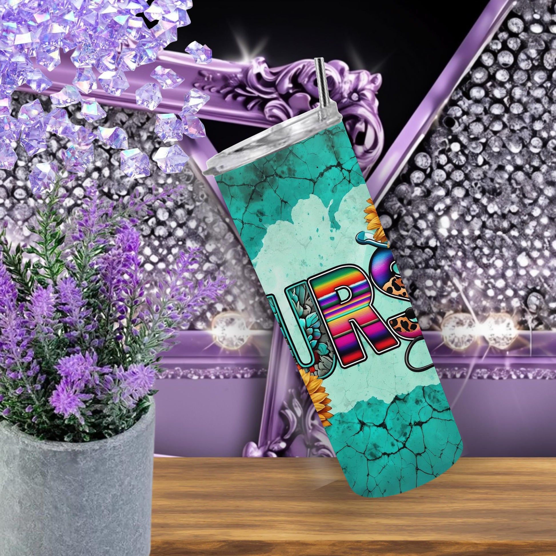 Nurse Tumbler 20oz – Western Sunflower Turquoise Skinny Cup with Straw – Serape, Leopard & Stethoscope Design