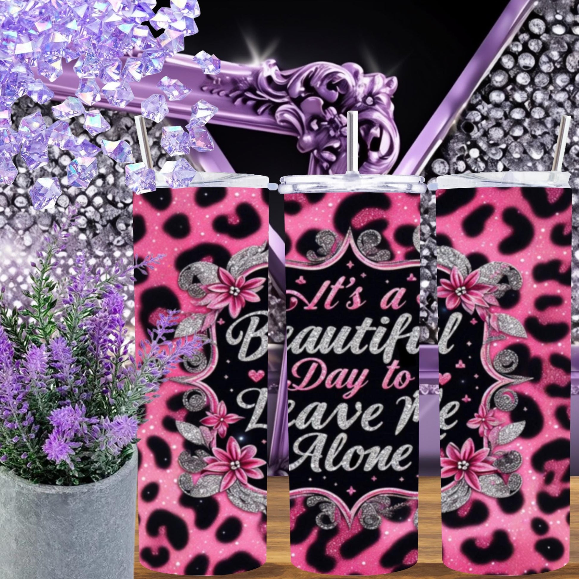 Pink Leopard Glitter Tumbler – “It’s a Beautiful Day to Leave Me Alone” – Sassy 20oz Skinny Cup with Straw