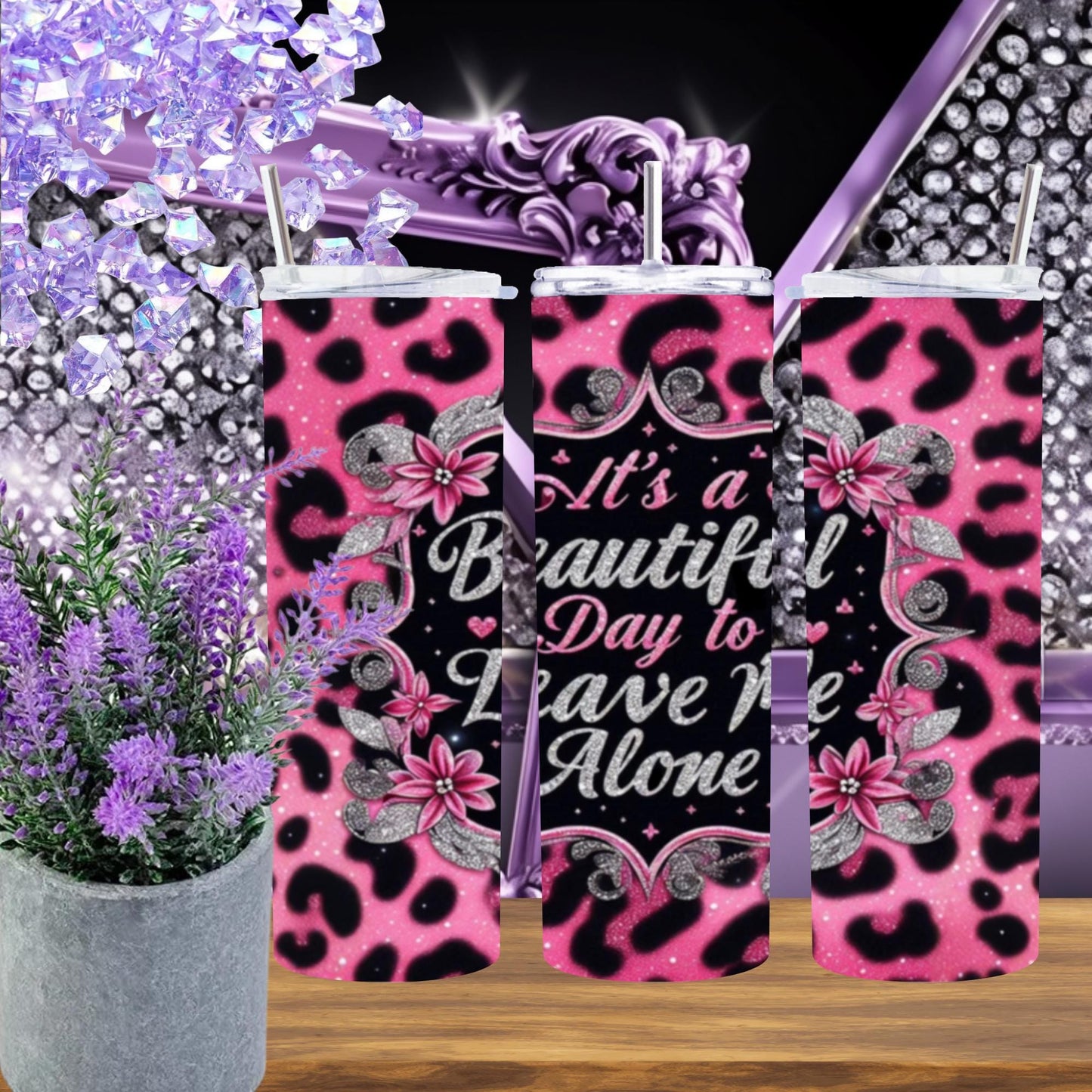 Pink Leopard Glitter Tumbler – “It’s a Beautiful Day to Leave Me Alone” – Sassy 20oz Skinny Cup with Straw