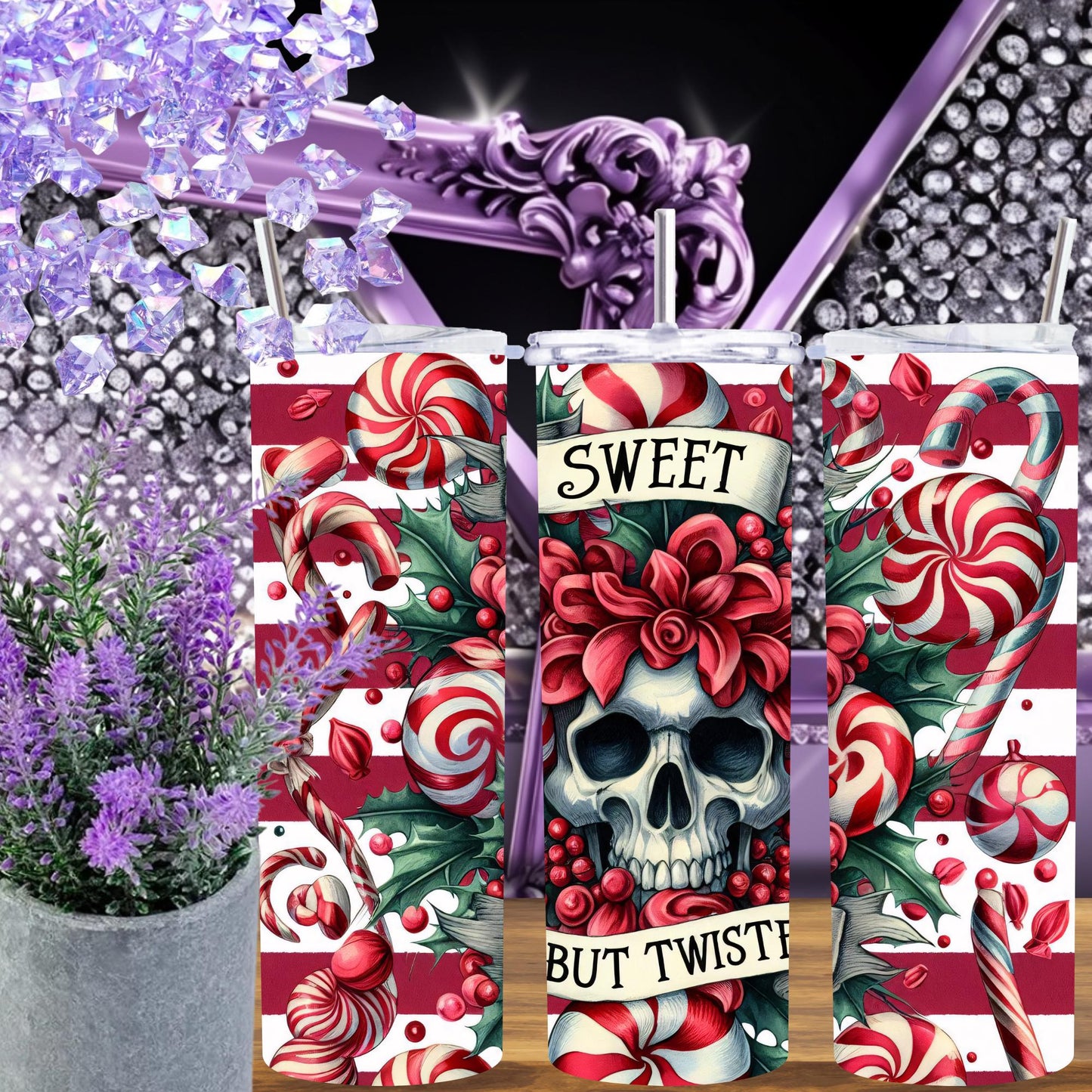Sweet But Twisted Skull Christmas Tumbler – Candy Cane Gothic Holiday Cup, 20 oz Skinny Tumbler with Straw, Dark Xmas Gift