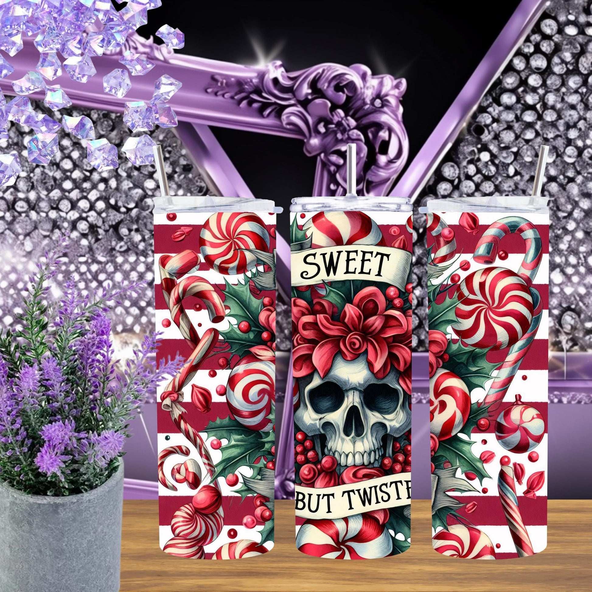 Sweet But Twisted Skull Christmas Tumbler – Candy Cane Gothic Holiday Cup, 20 oz Skinny Tumbler with Straw, Dark Xmas Gift