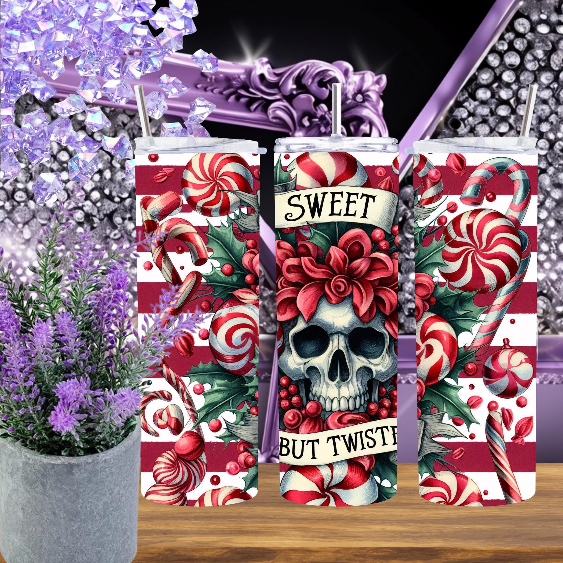 Sweet But Twisted Skull Christmas Tumbler – Candy Cane Gothic Holiday Cup, 20 oz Skinny Tumbler with Straw, Dark Xmas Gift
