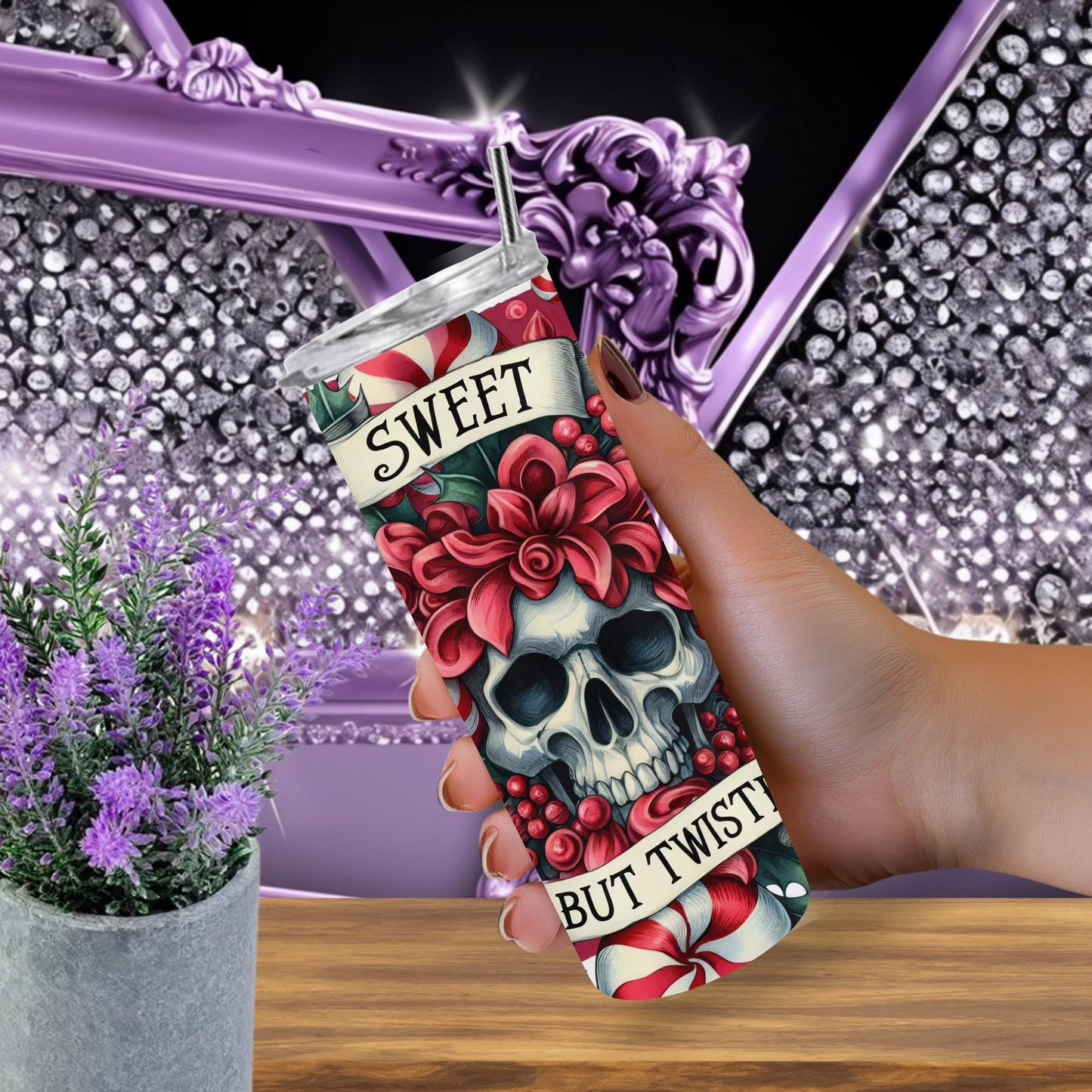 Sweet But Twisted Skull Christmas Tumbler – Candy Cane Gothic Holiday Cup, 20 oz Skinny Tumbler with Straw, Dark Xmas Gift