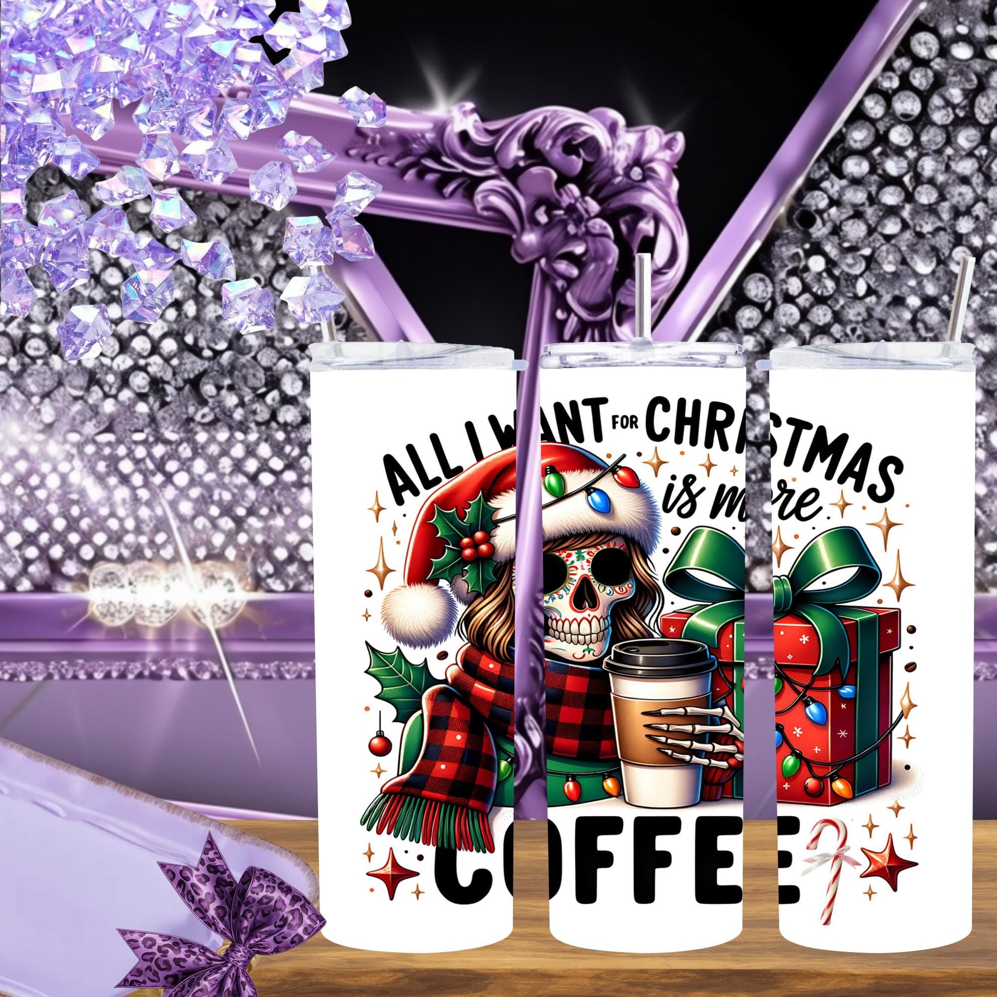 Christmas Coffee Tumbler 20oz – Goth Santa Skull Girl – Funny Holiday Gift for Coffee Lovers – Spooky Christmas Cup