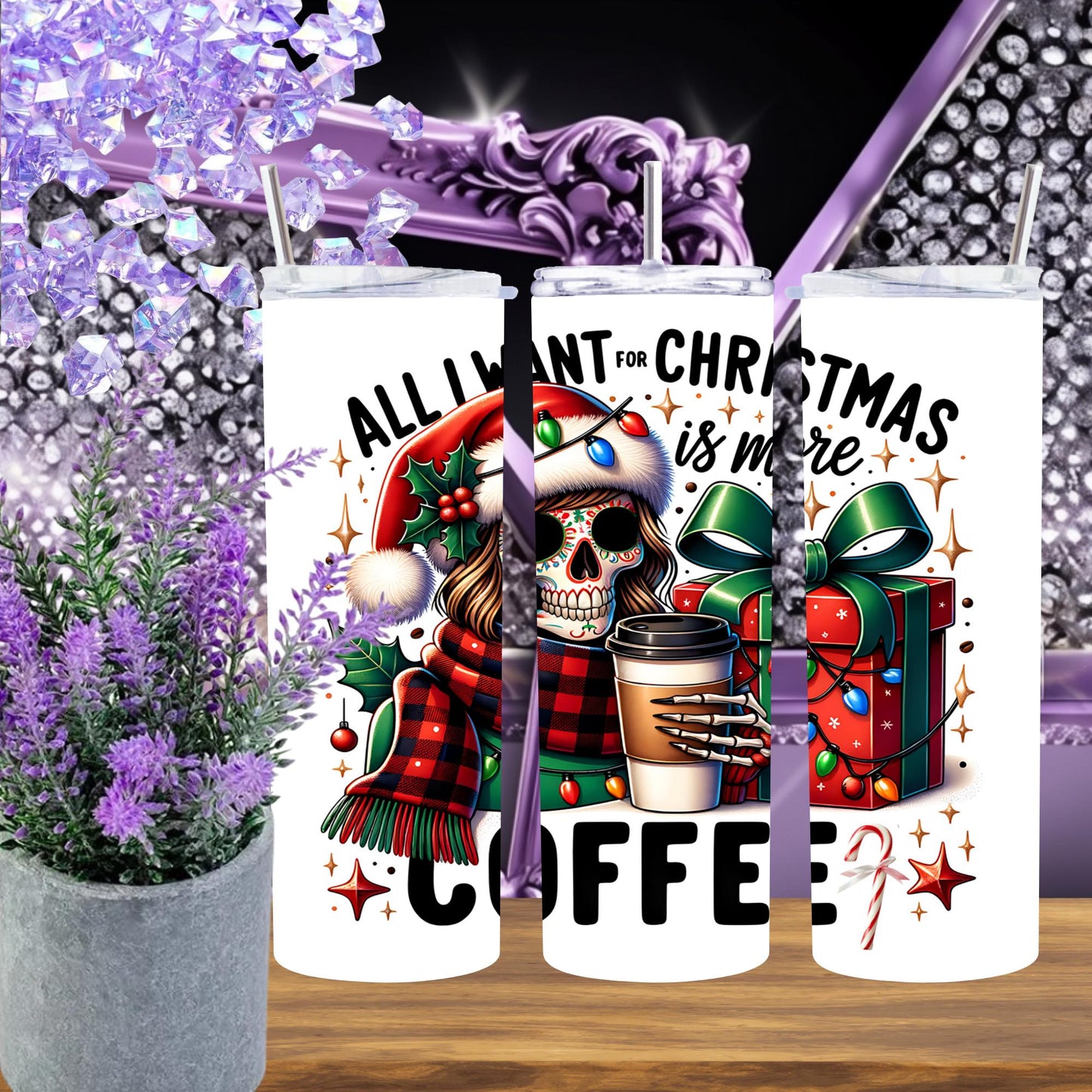 Christmas Coffee Tumbler 20oz – Goth Santa Skull Girl – Funny Holiday Gift for Coffee Lovers – Spooky Christmas Cup