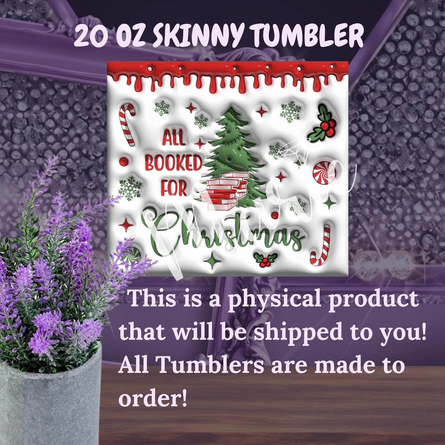 Christmas Book Lover Tumbler – 20oz Skinny Tumbler with Straw – Holiday Bookish Gift – All Booked for Christmas Cup – Candy Cane Mug
