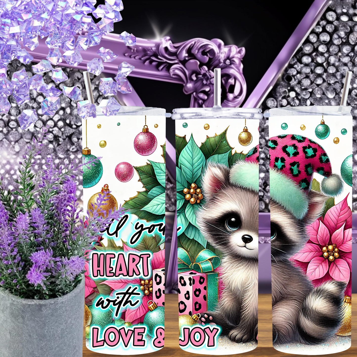Christmas Raccoon Tumbler 20 oz – Cute Pink Santa Cup, Holiday Gift for Her, Glitter Animal Tumbler, Winter Coffee Cup with Straw
