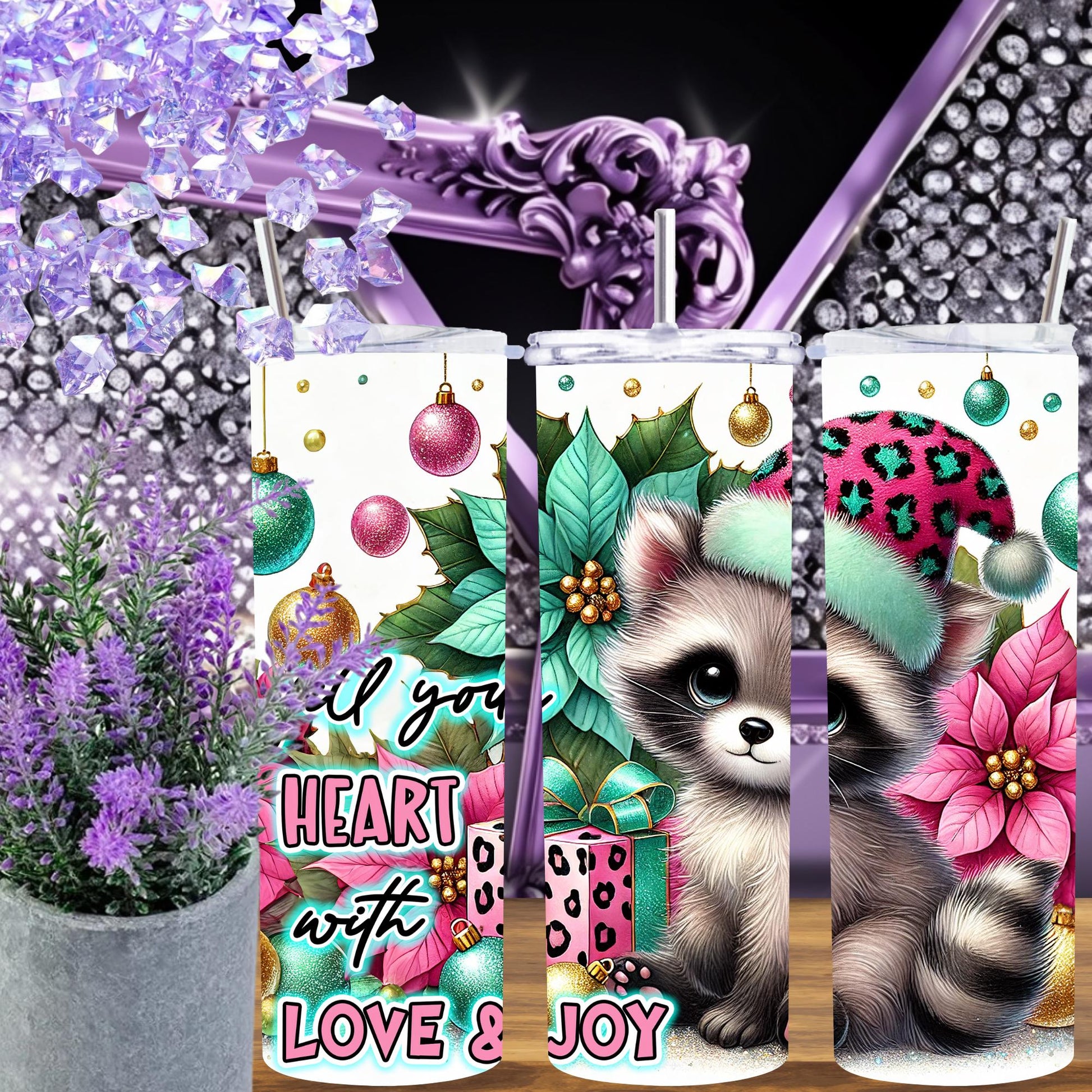 Christmas Raccoon Tumbler 20 oz – Cute Pink Santa Cup, Holiday Gift for Her, Glitter Animal Tumbler, Winter Coffee Cup with Straw